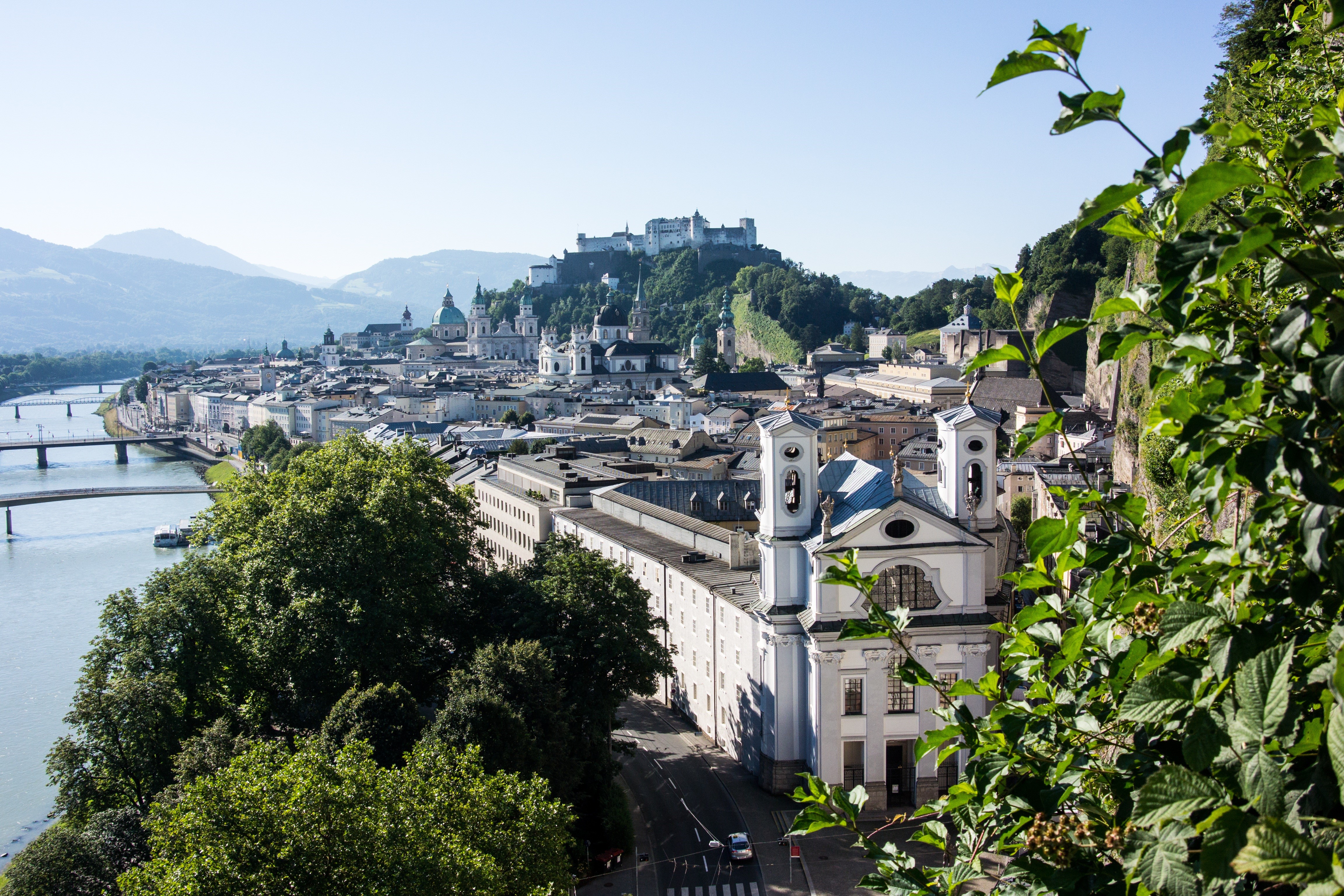 Salzburg, Austria cityscape with river and fortress HD Wallpaper
