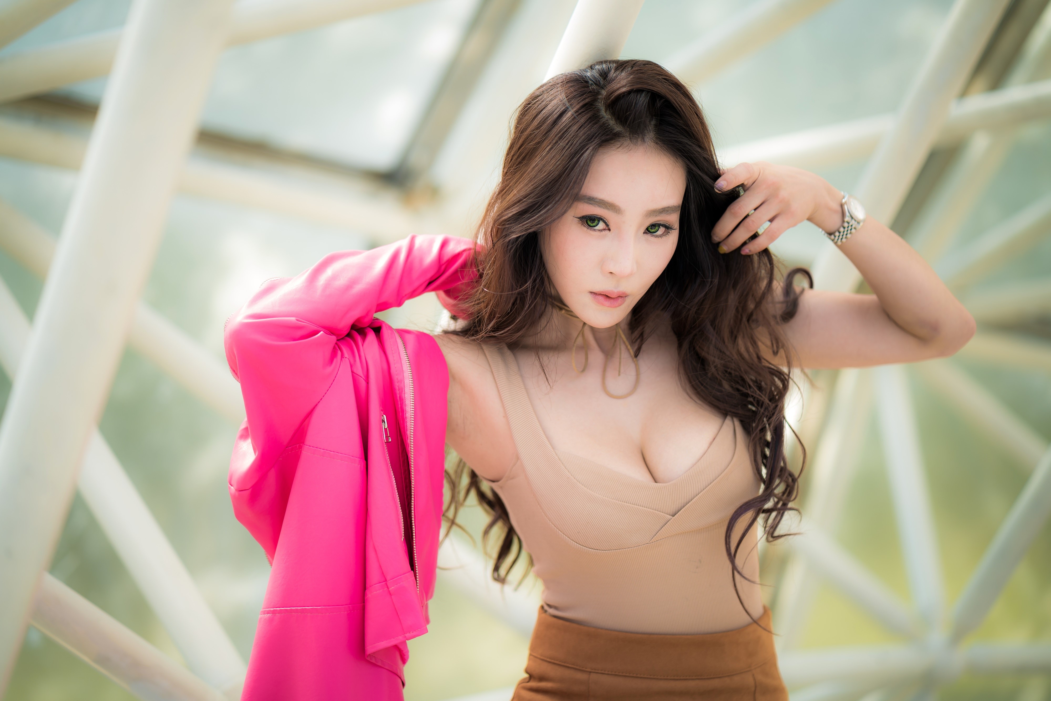 Asian woman with brown hair wearing a pink jacket HD Wallpaper