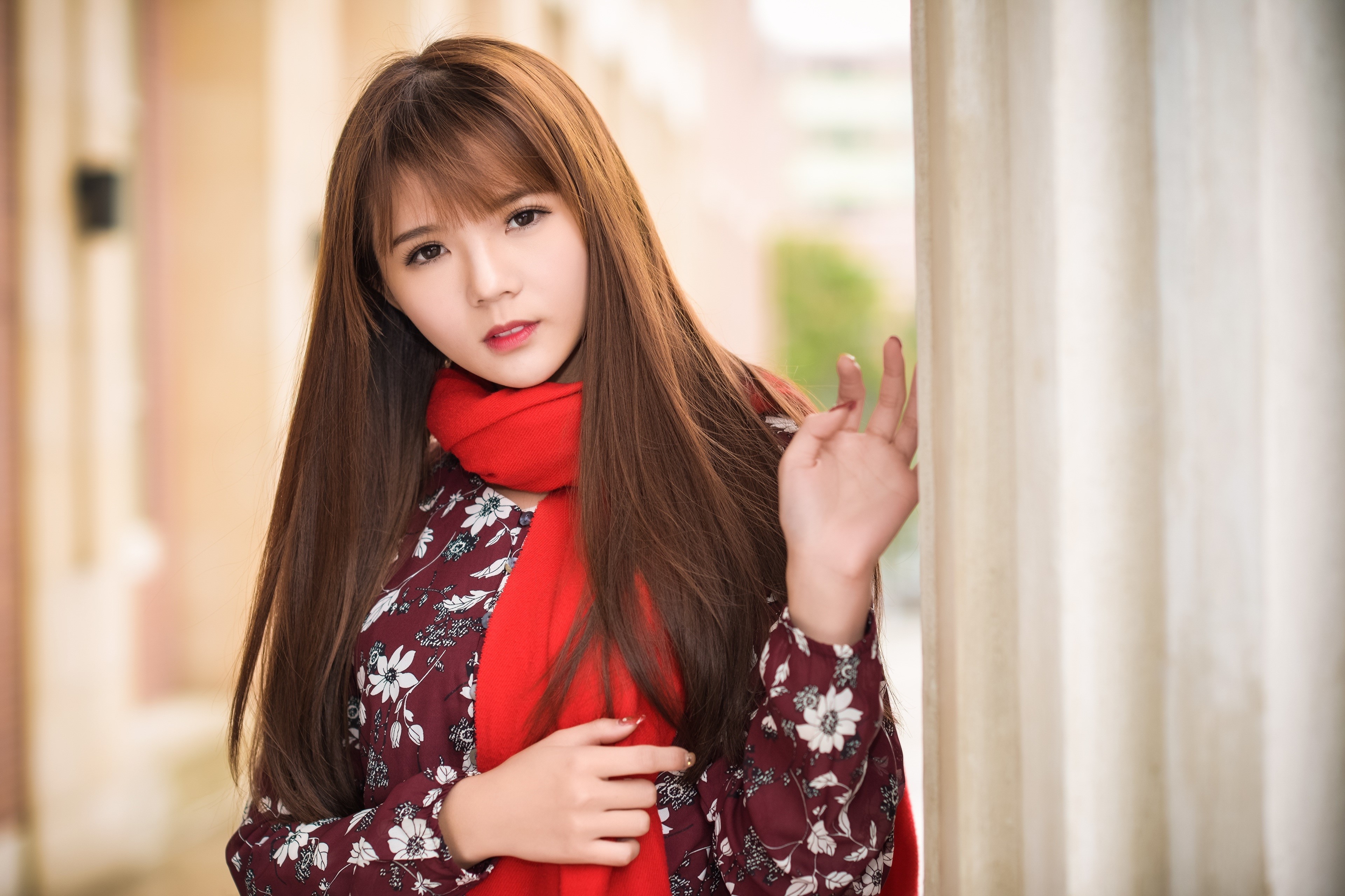 4K Portrait of Asian Woman with Red Scarf HD Wallpaper