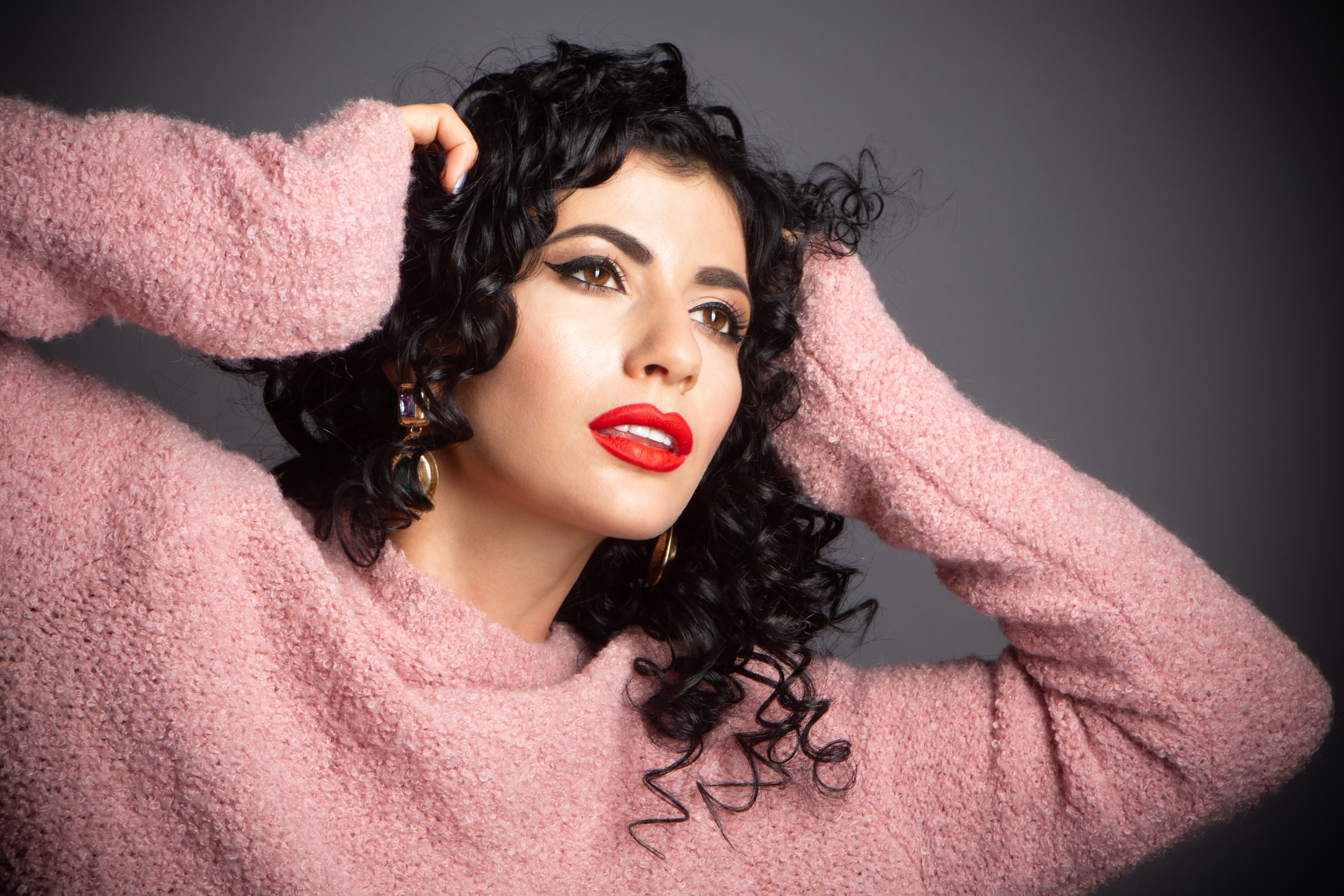 Brunette girl with curly hair and red lips HD Wallpaper