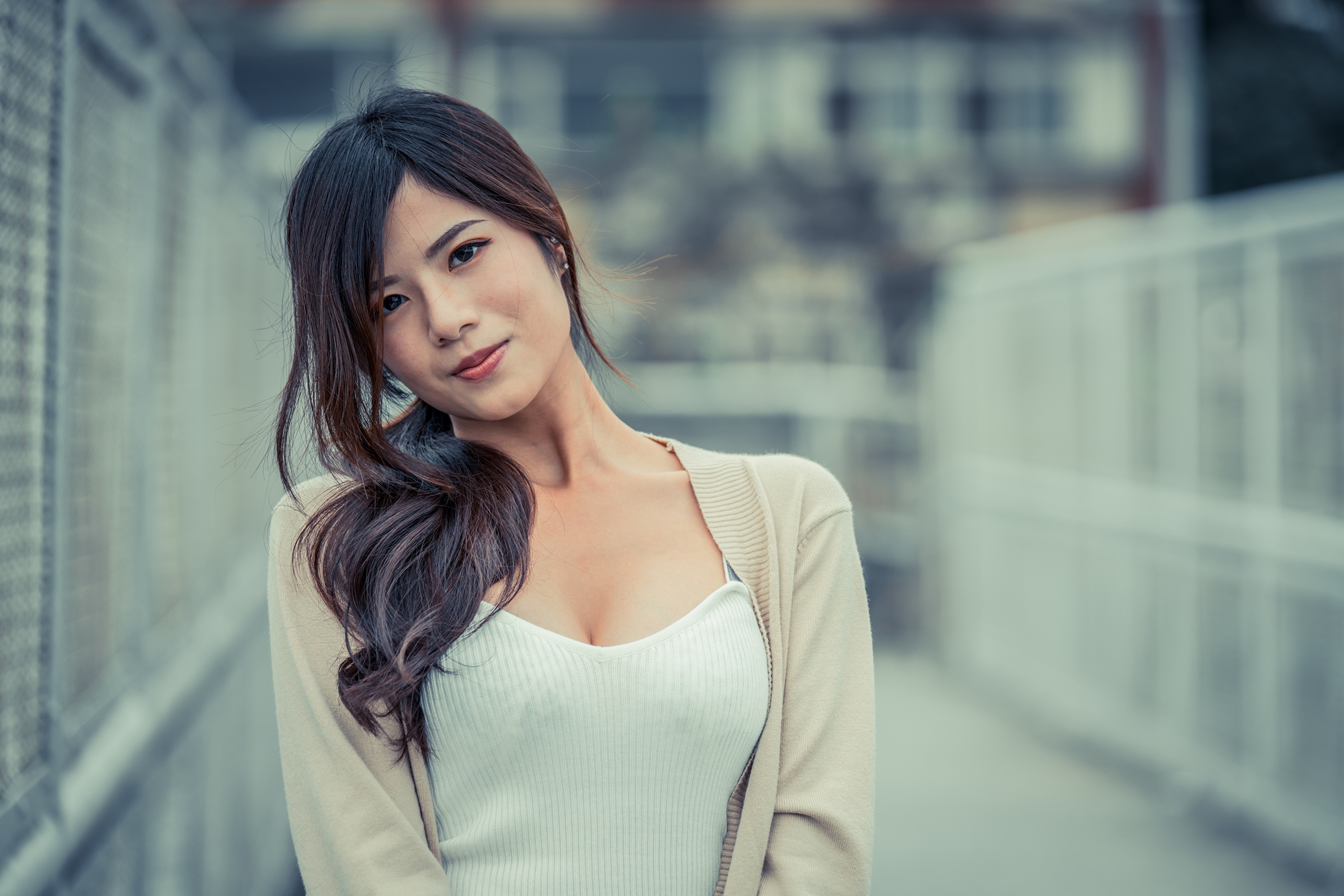 Brunette girl with cardigan and white top HD Wallpaper