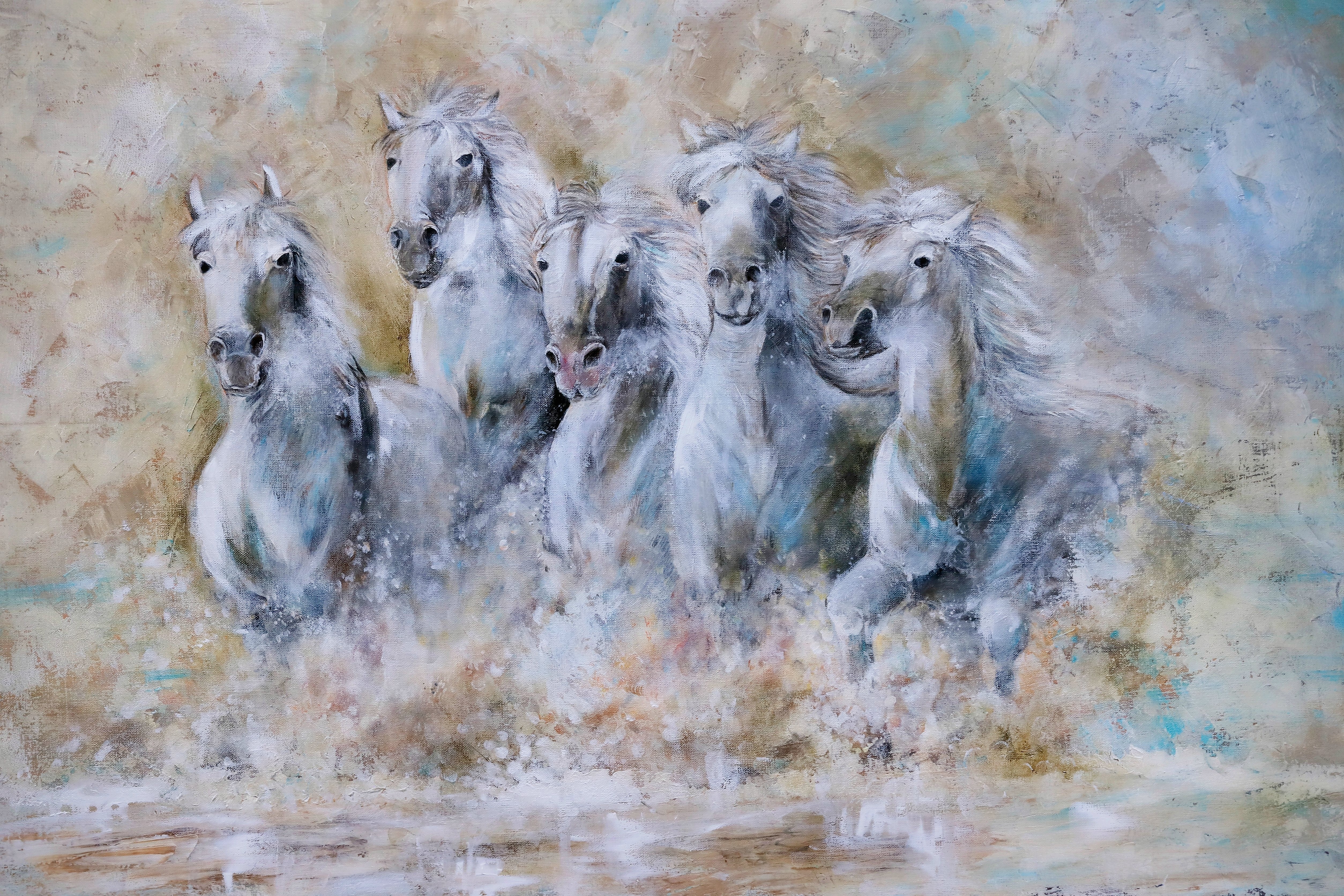 Painting of white horses running through water HD Wallpaper
