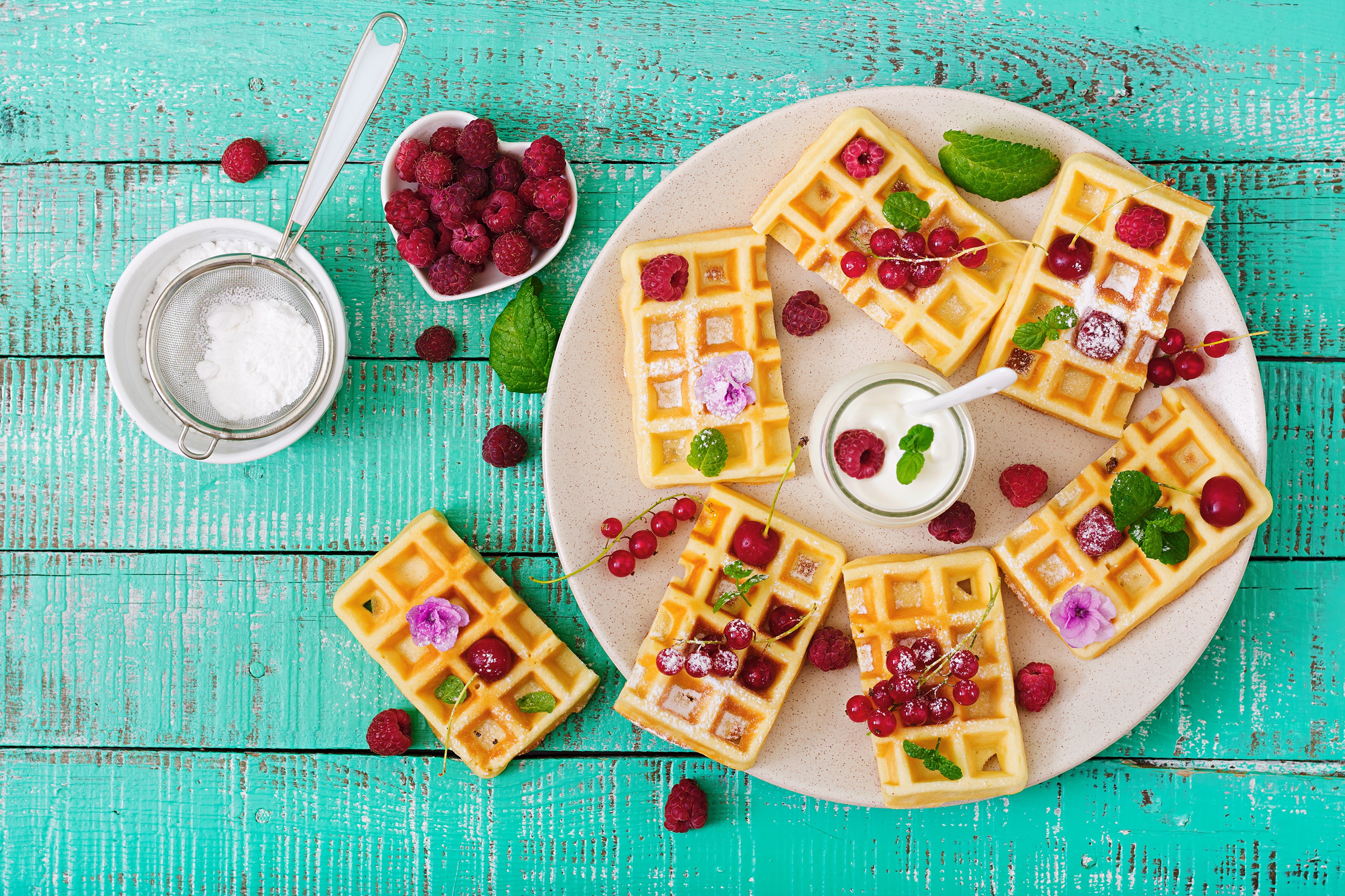 Waffles with Raspberries and Powdered Sugar on a Plate HD Wallpaper