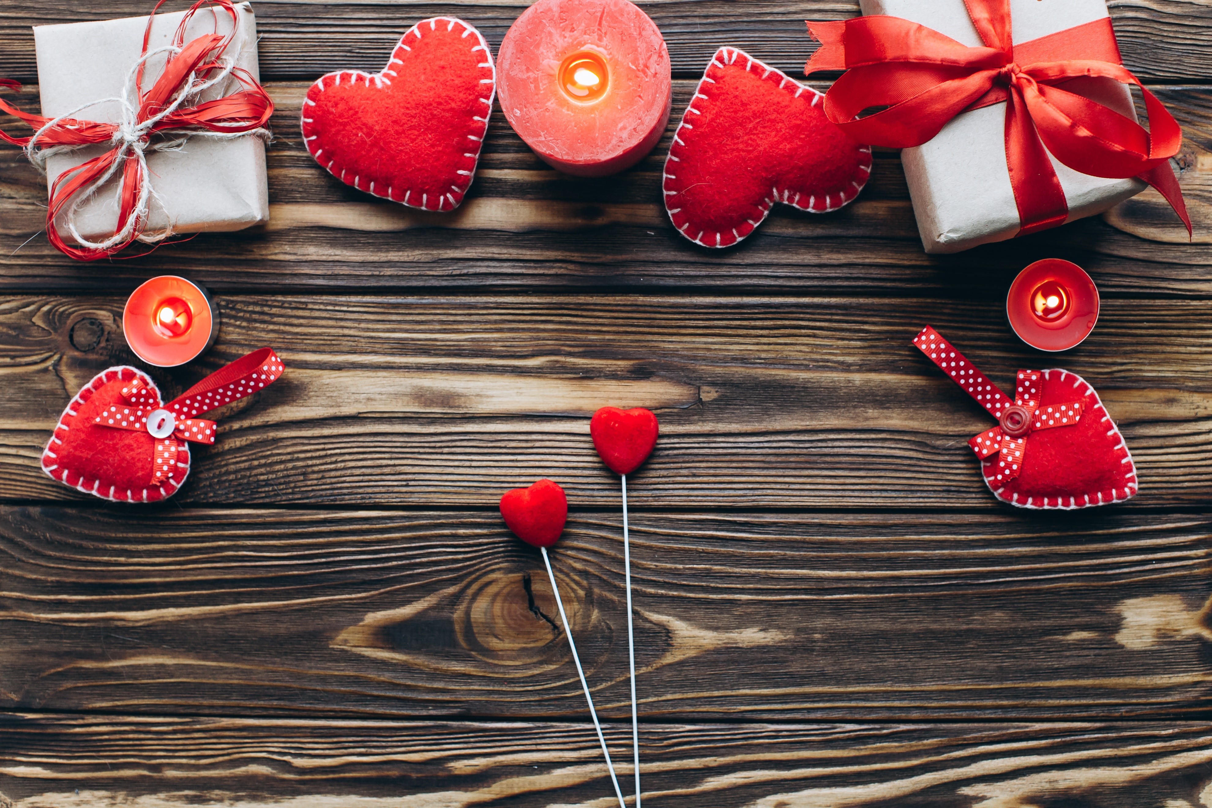 Valentine's Day Gifts, Candles, and Hearts on Wood HD Wallpaper