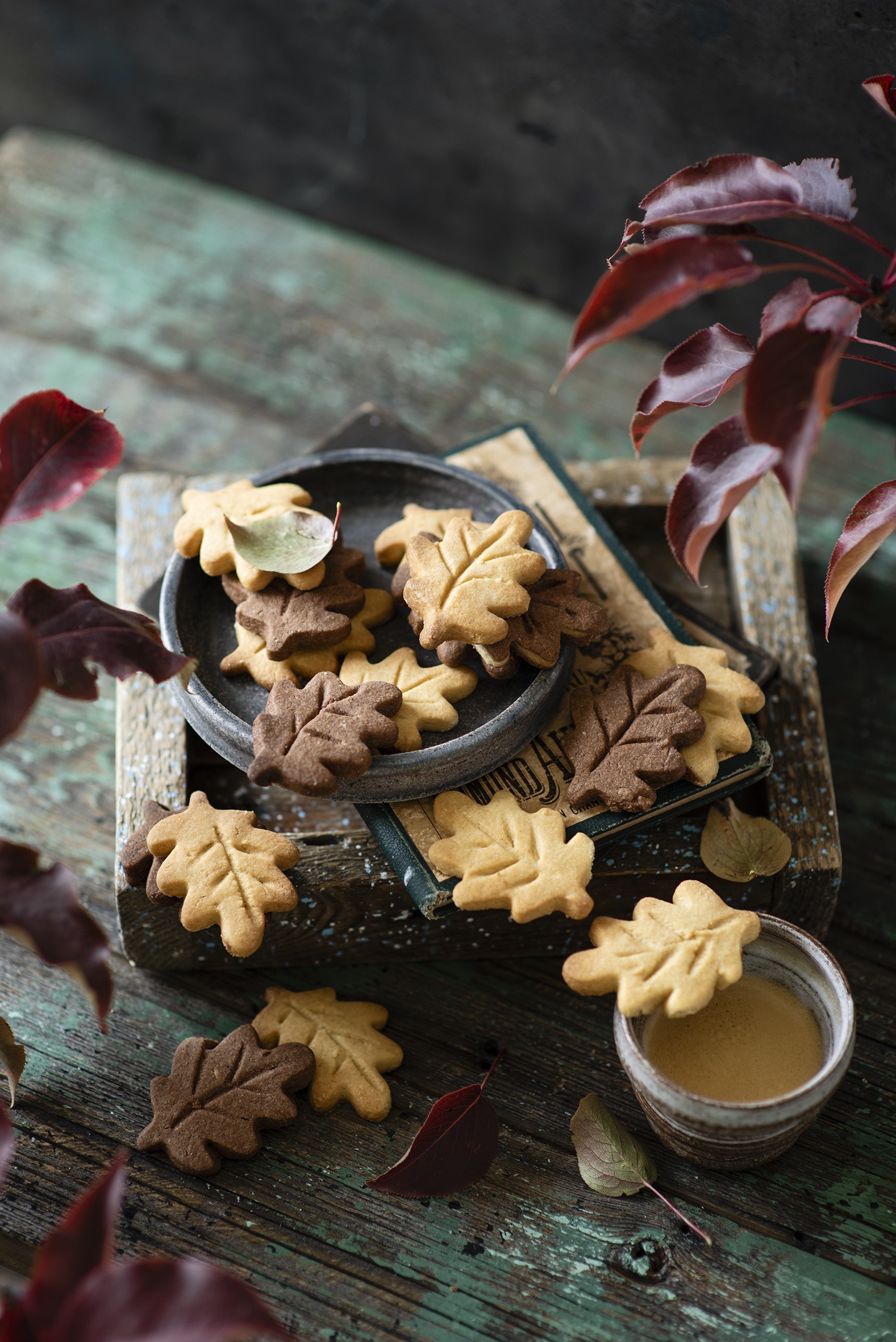 Autumn leaf cookies on a wooden table with red leaves HD Phone Wallpaper