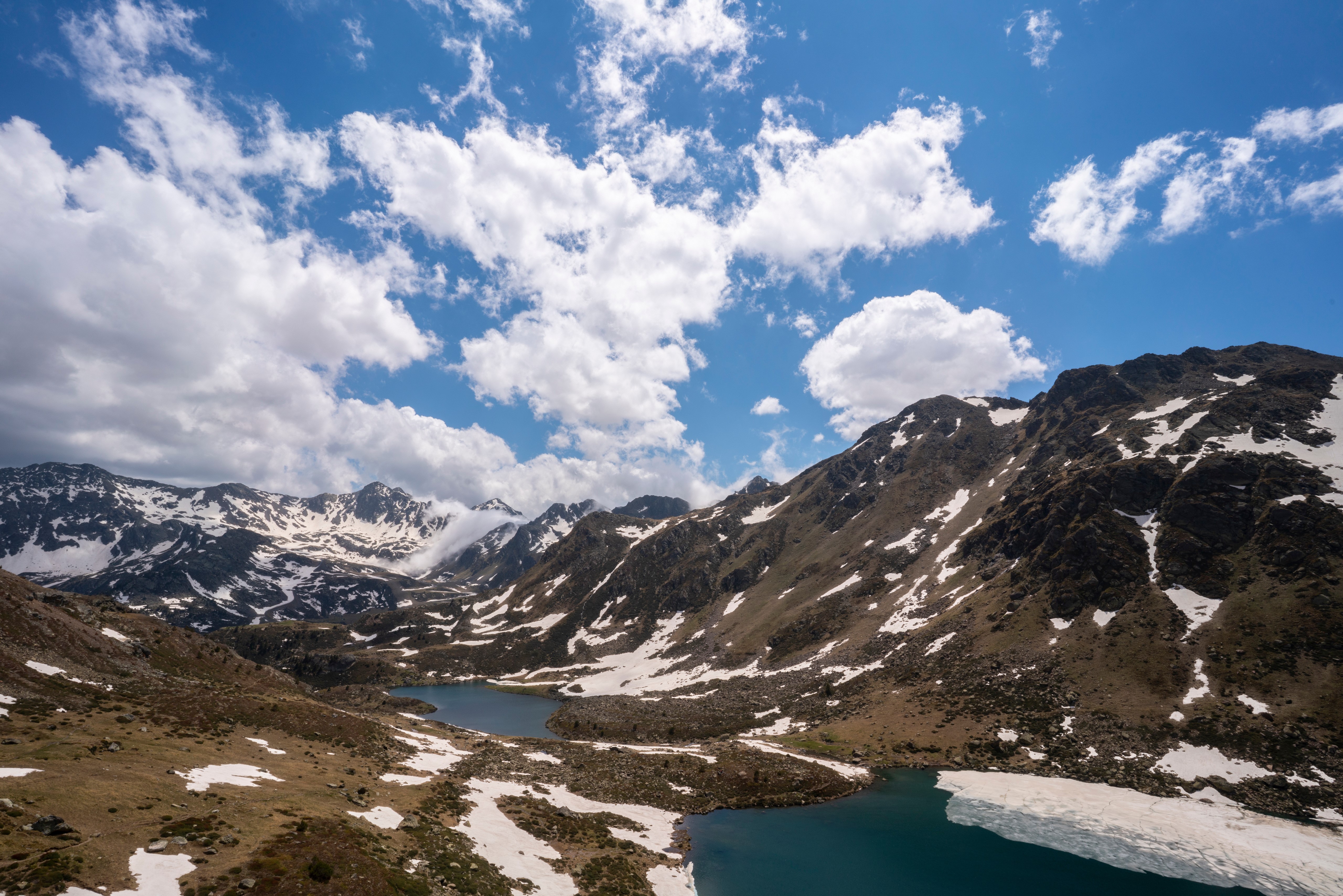Tristaina Lakes, Andorra Mountains with Snow and Clouds HD Wallpaper