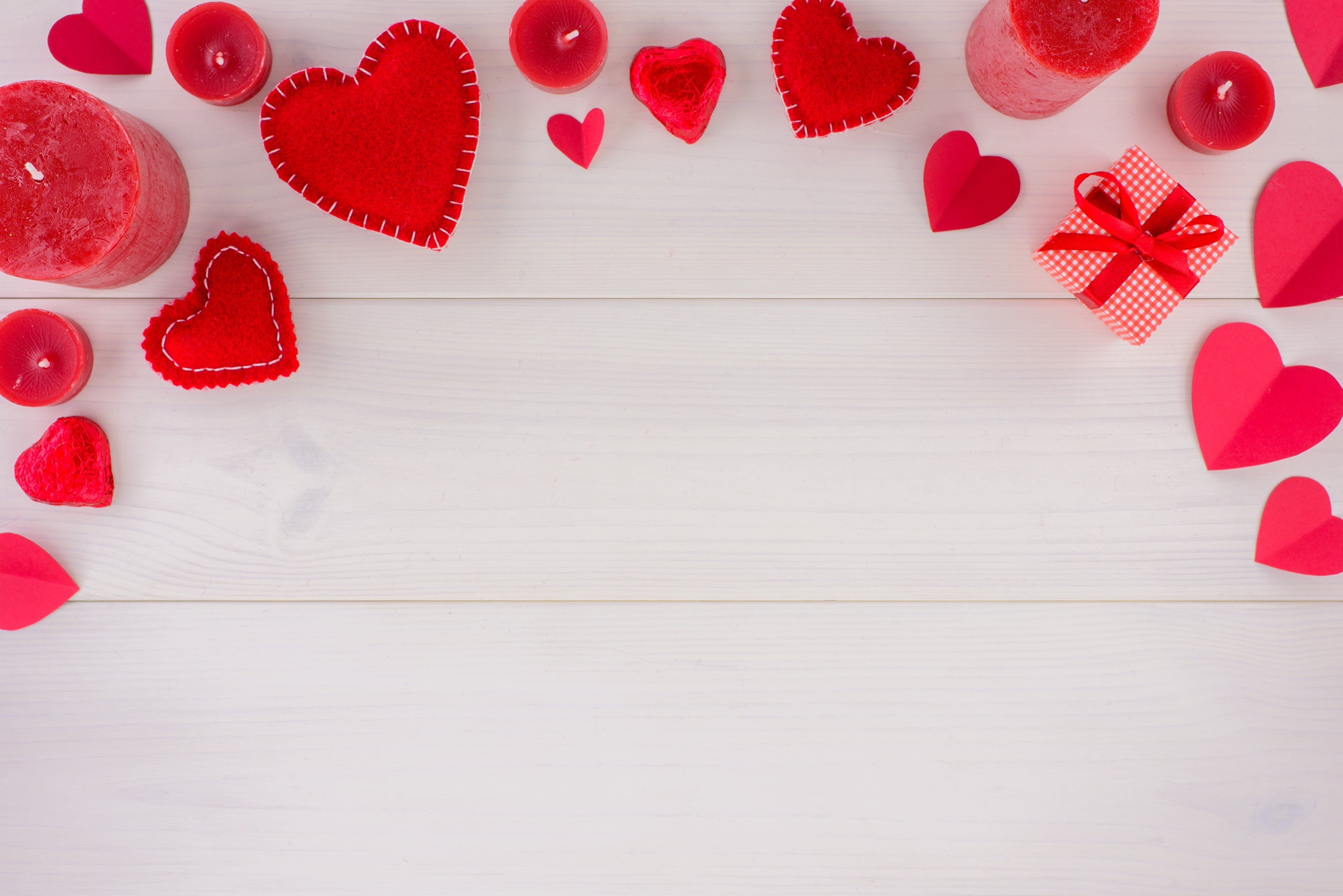Valentine's Day Red Hearts and Candles on Wood HD Wallpaper