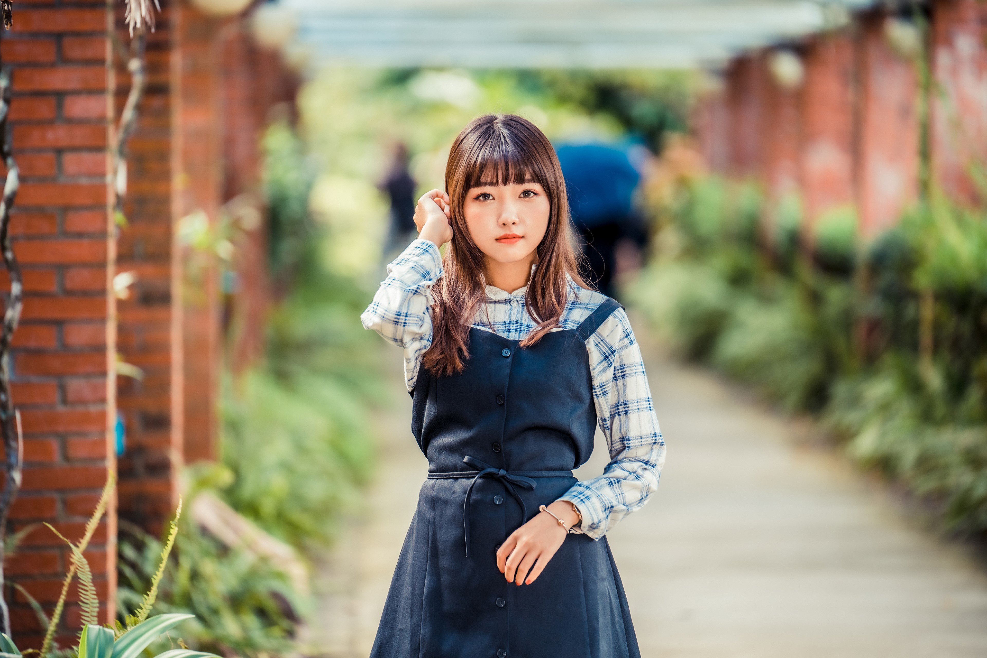 Asian girl in plaid shirt and dress HD Wallpaper
