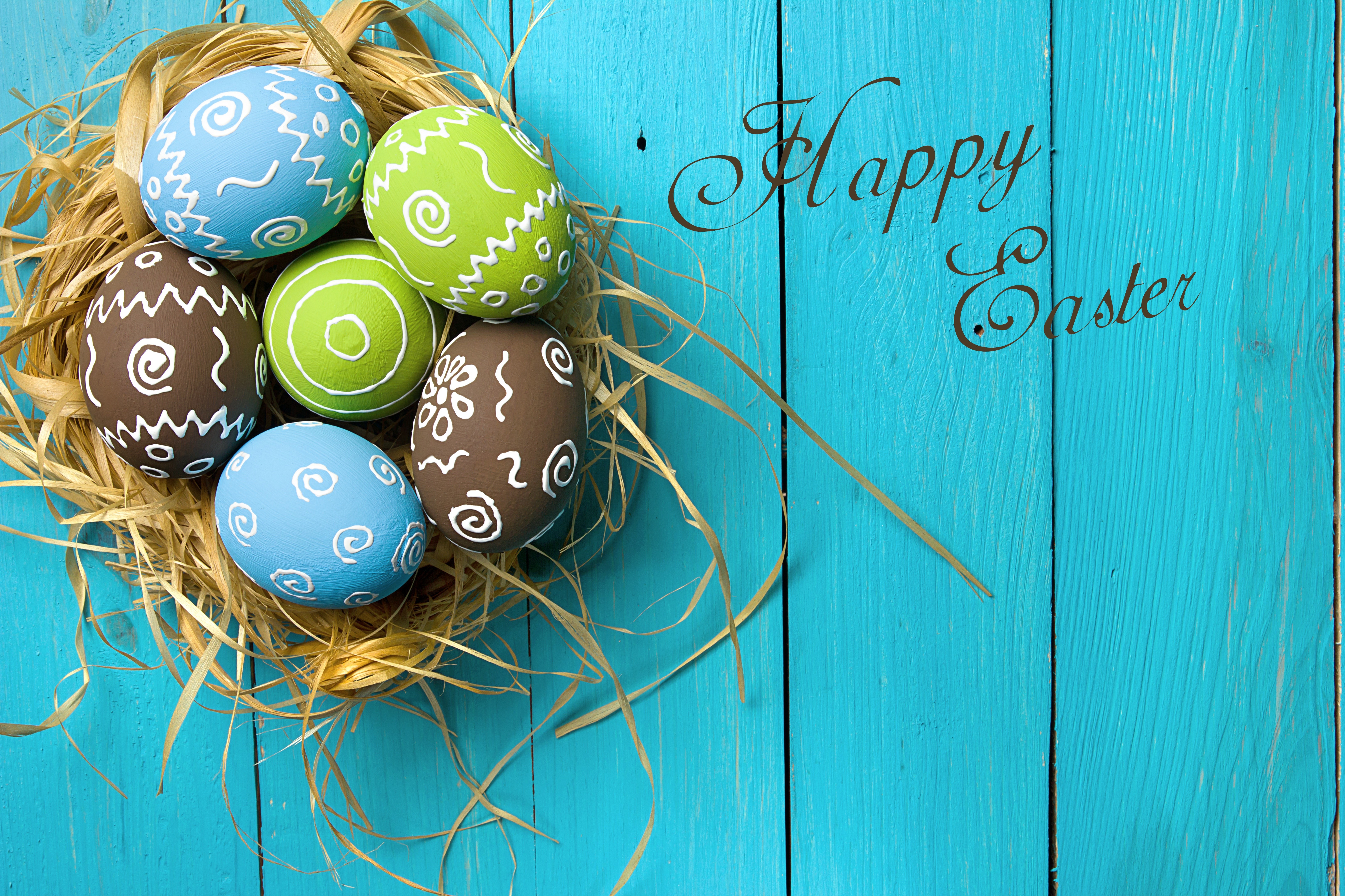 Easter Eggs in a Nest on Blue Wood Planks HD Wallpaper