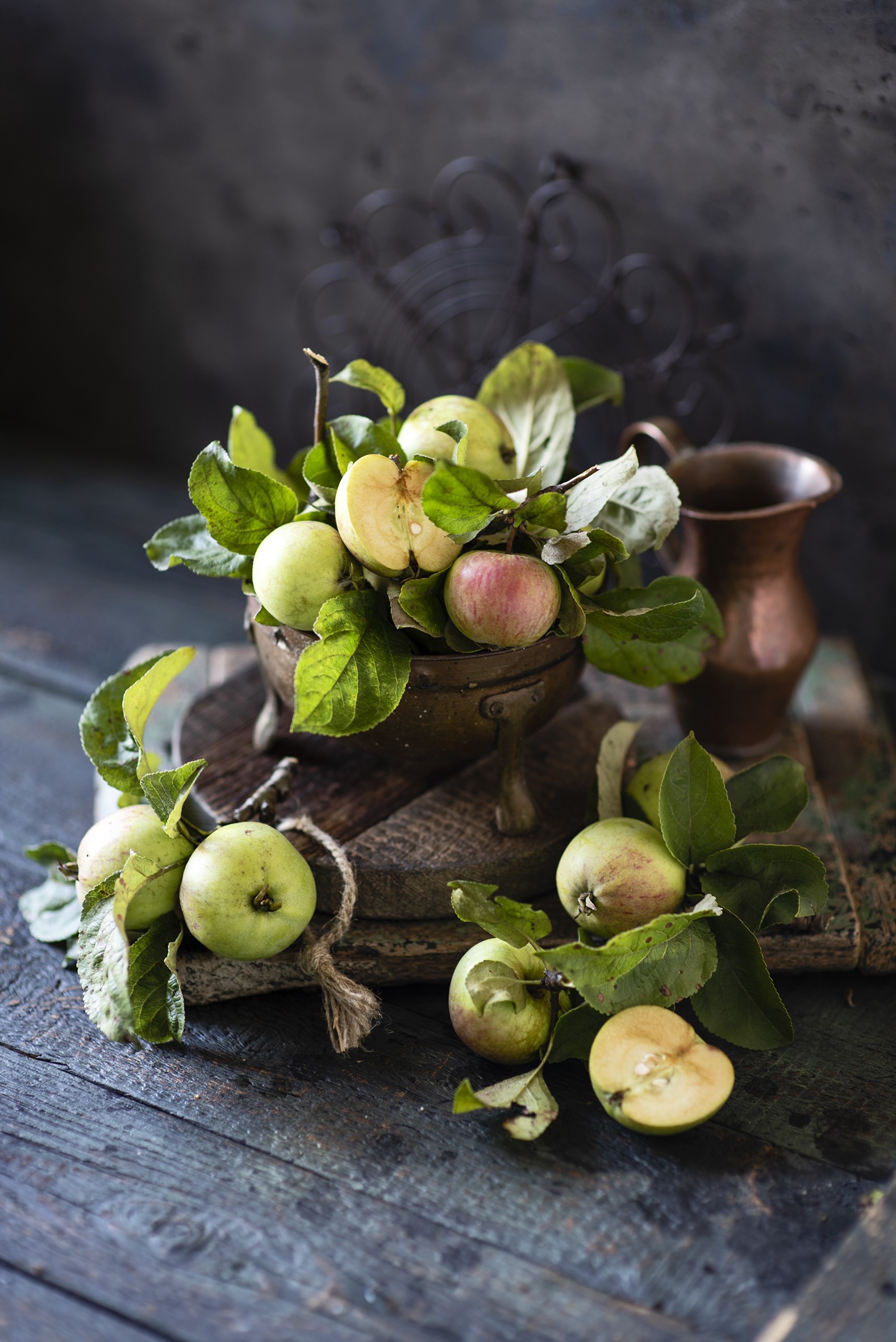 Still life of apples with branches and copper pitcher HD Phone Wallpaper