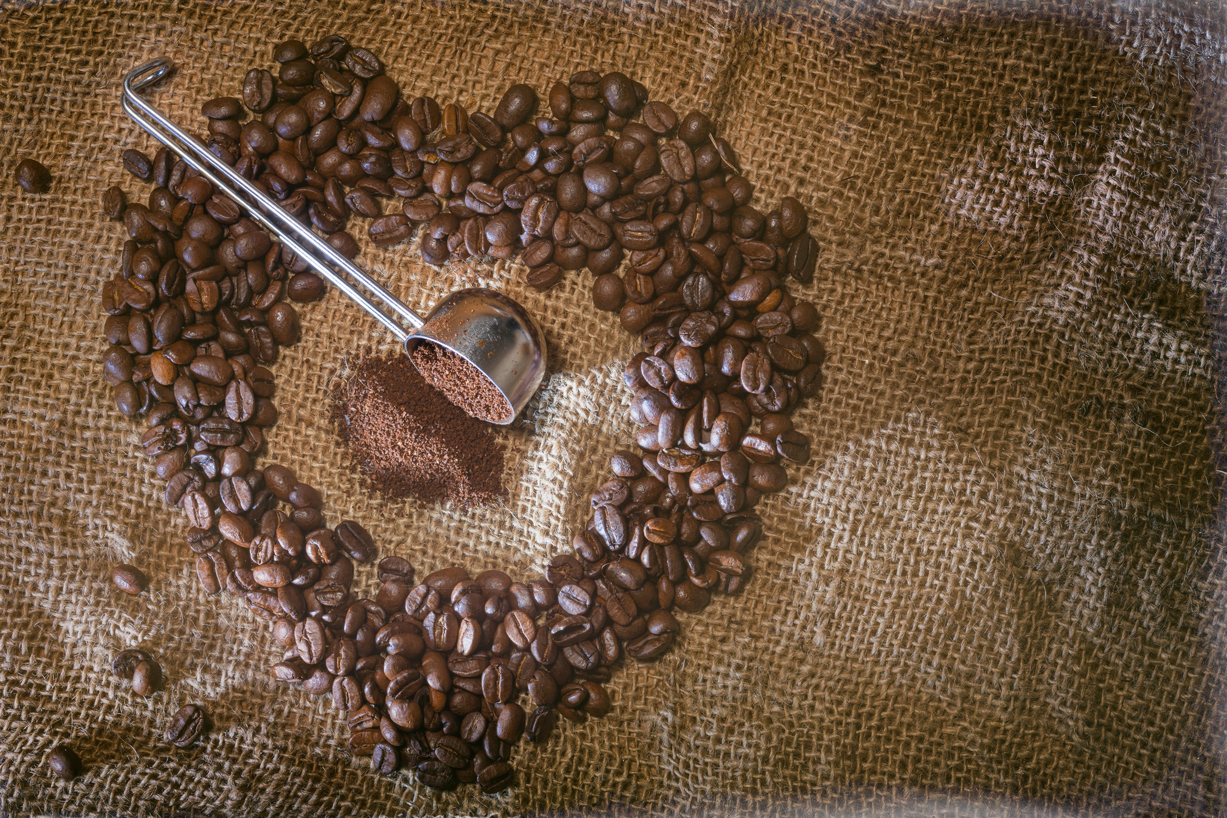 Coffee beans arranged in a heart shape with a scoop HD Wallpaper