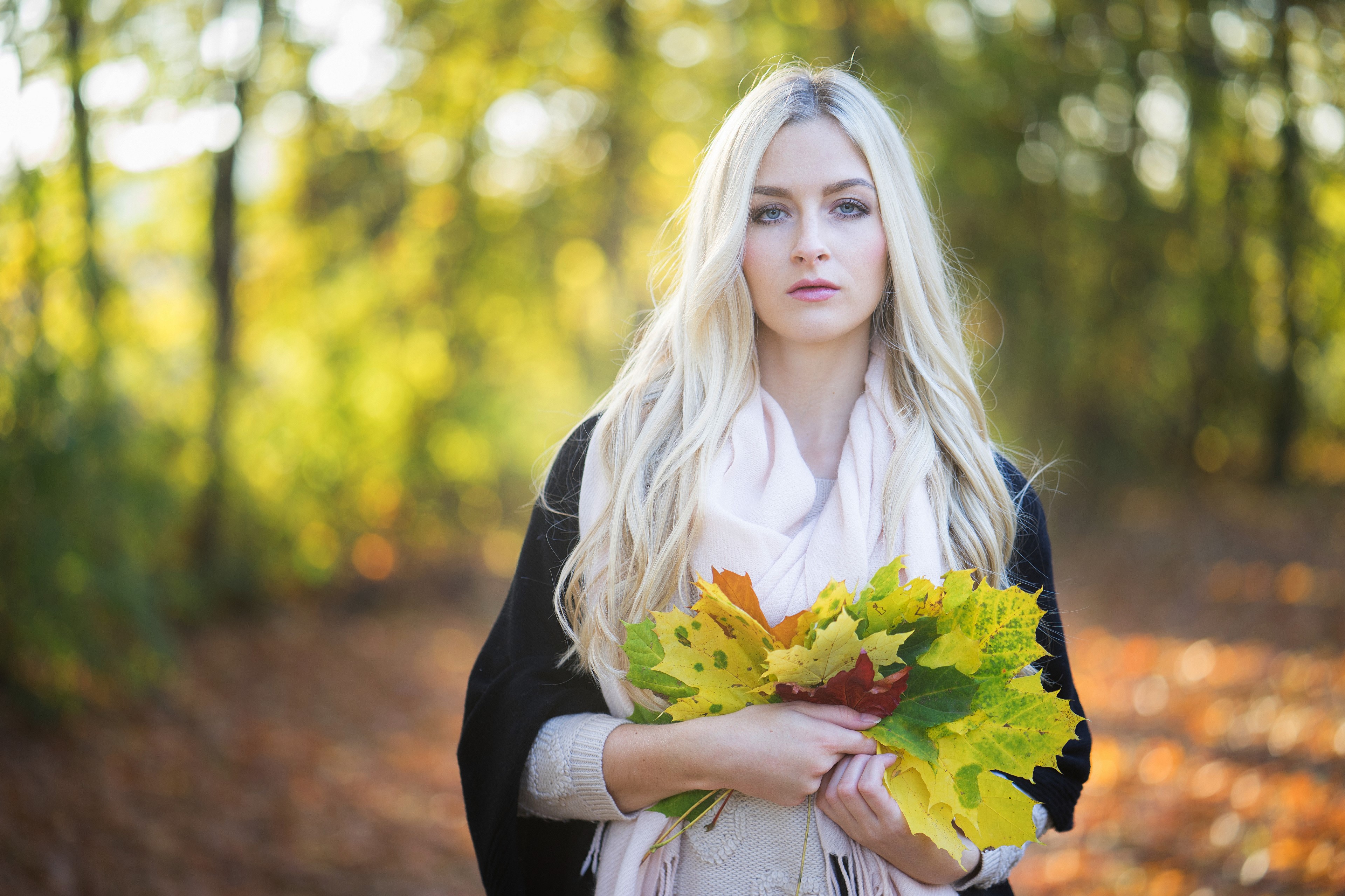 Blonde girl holding autumn leaves HD Wallpaper