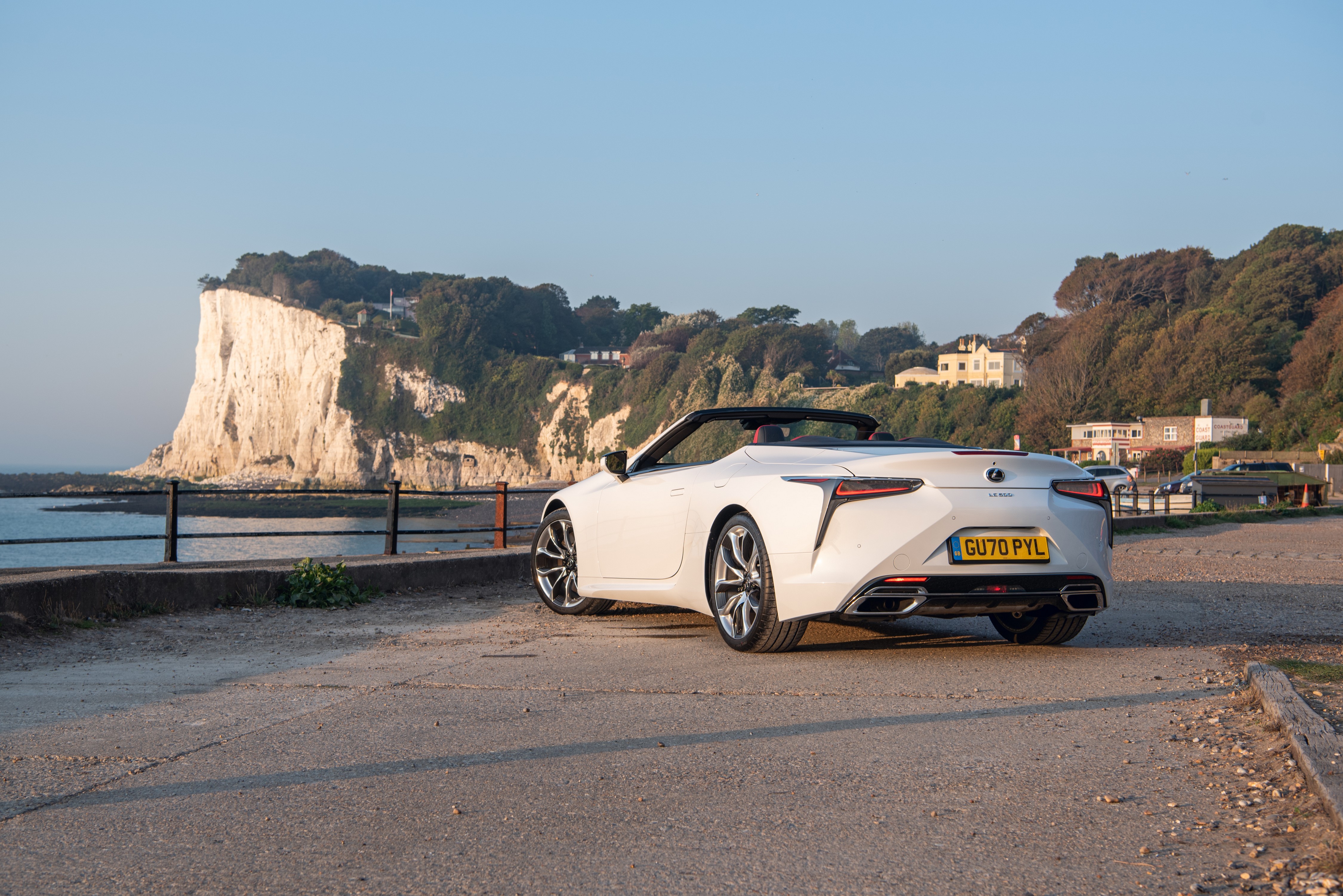 White Lexus LC 500 Convertible on UK coast HD Wallpaper