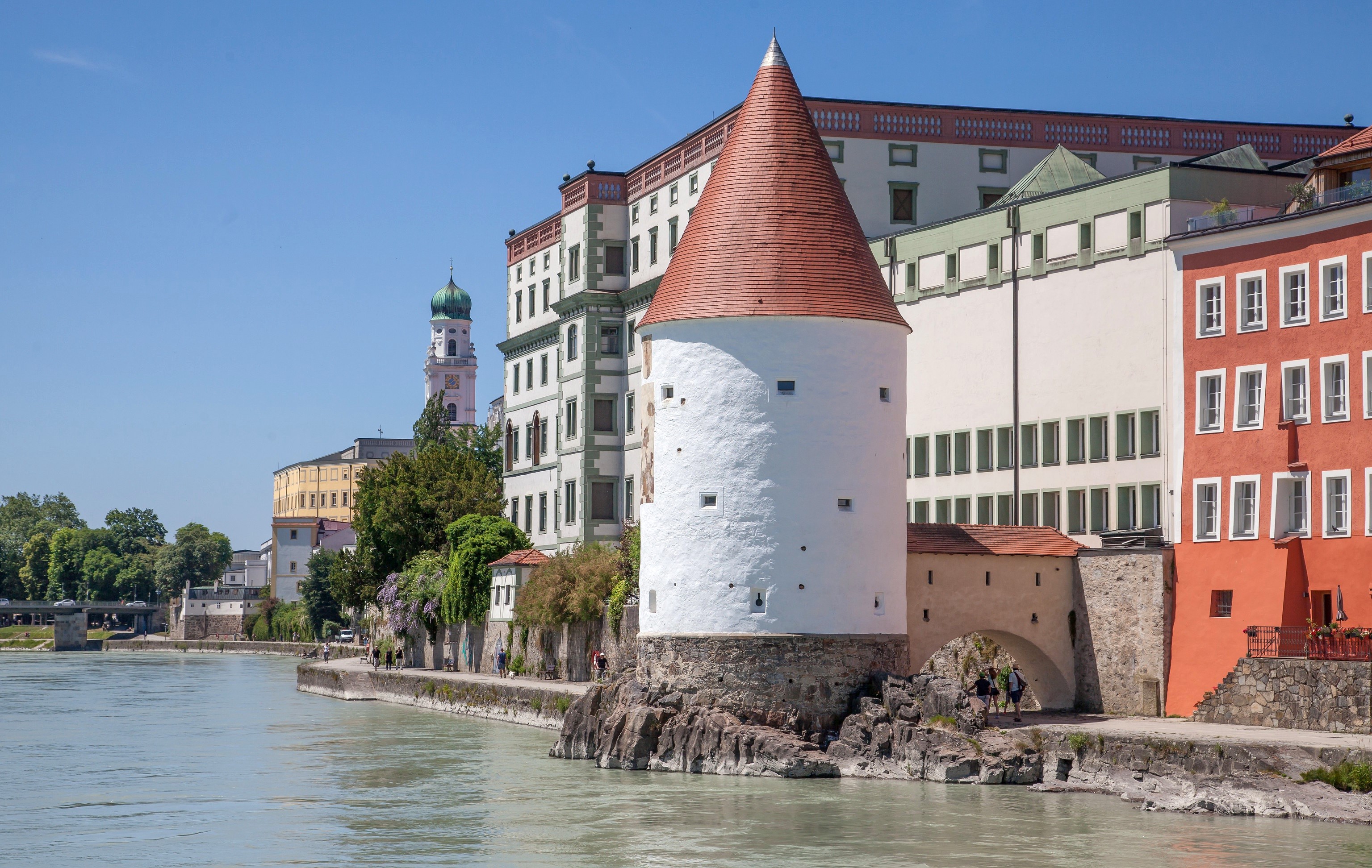 Tower and buildings on the waterfront in Passau, Germany HD Wallpaper