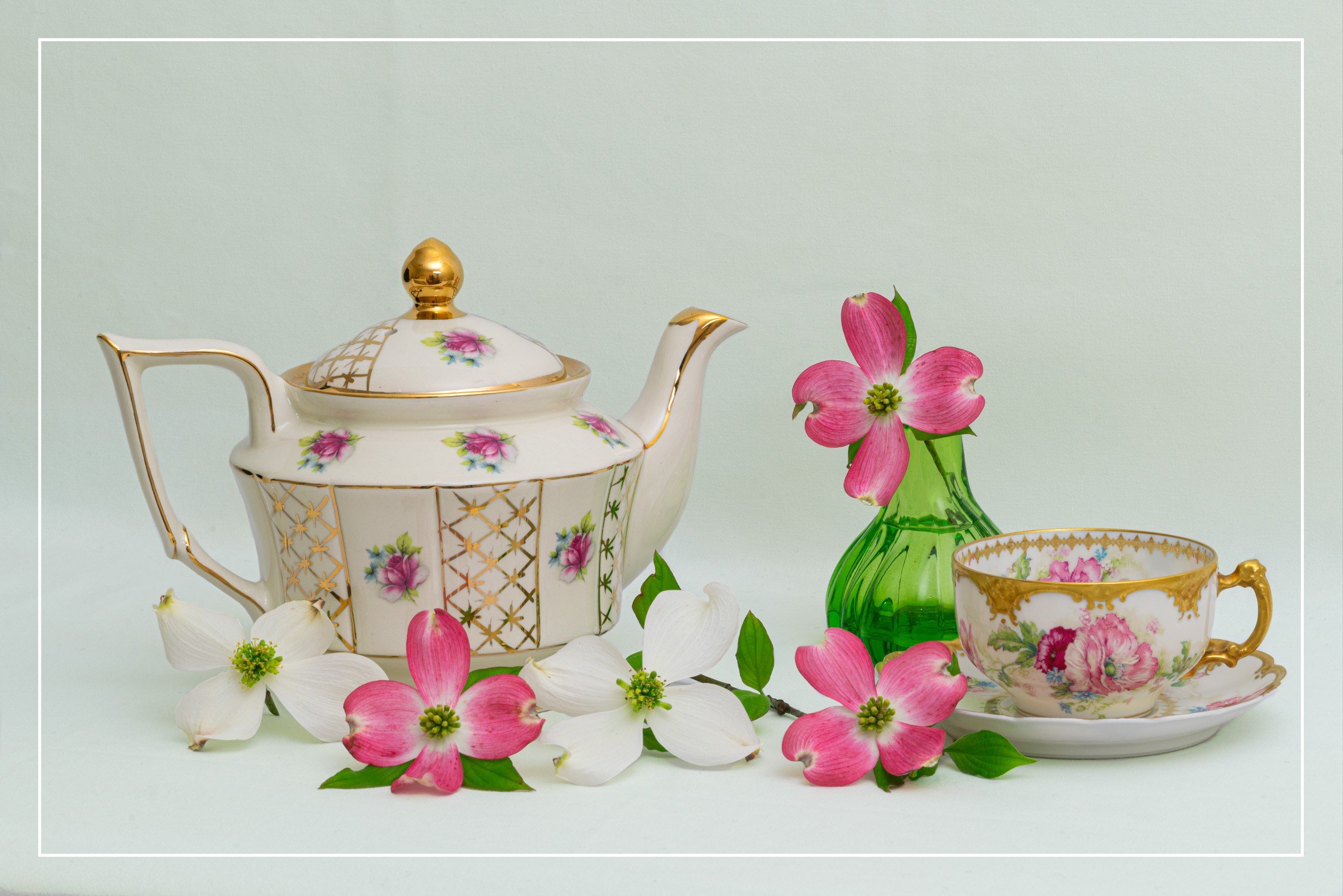 Still life with teapot, cup, vase, and dogwood flowers HD Wallpaper