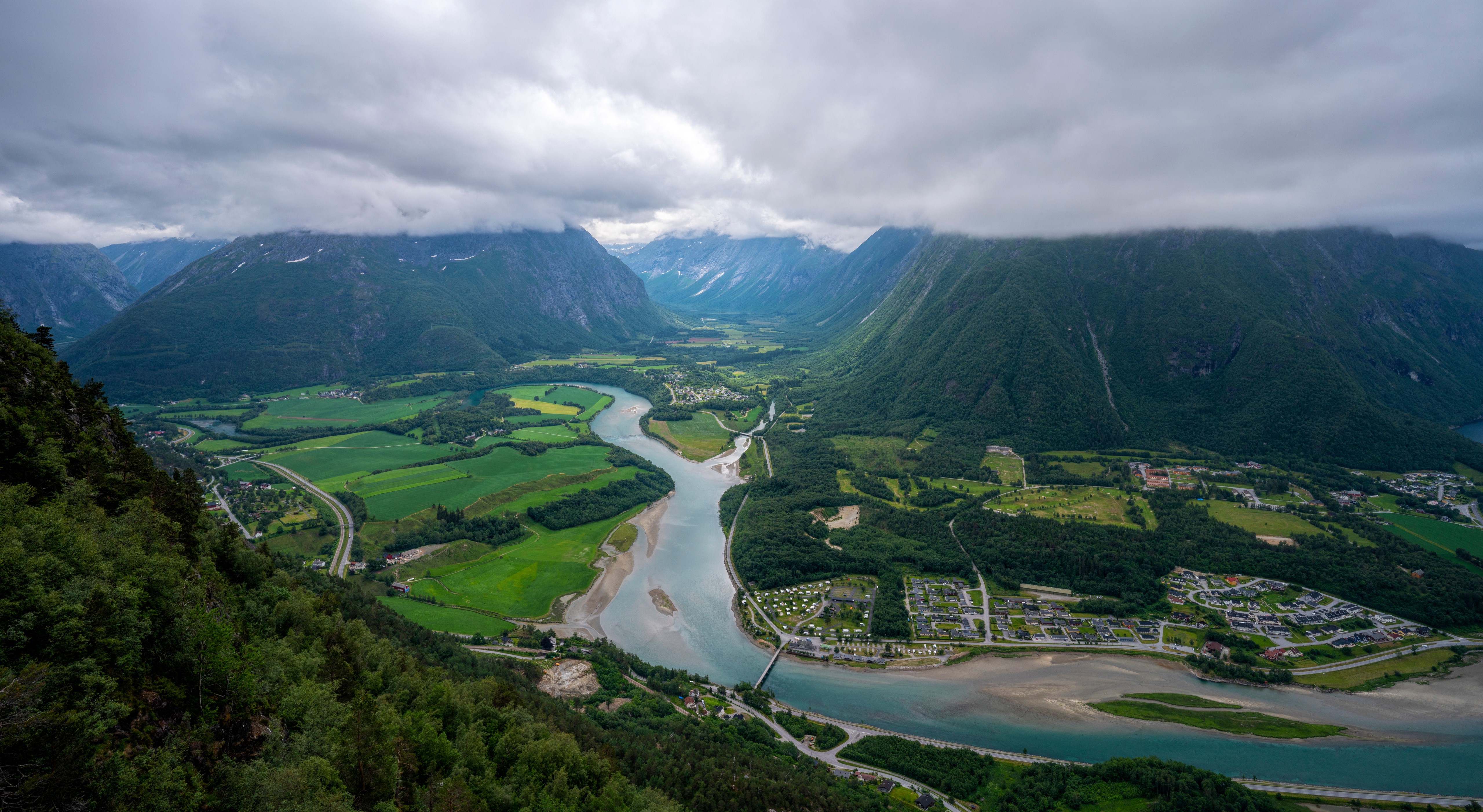 Aerial view of Trollveggen, Norway with mountains and river HD Wallpaper