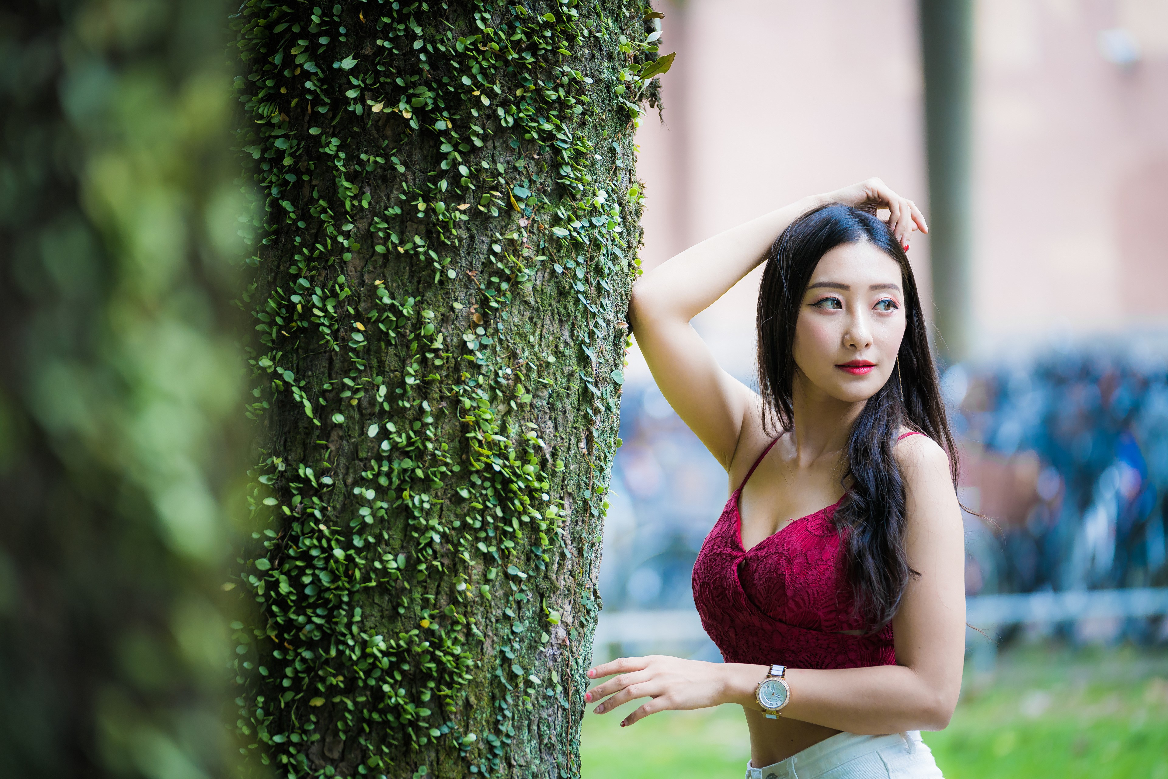 Asian woman in red top posing by tree trunk HD Wallpaper
