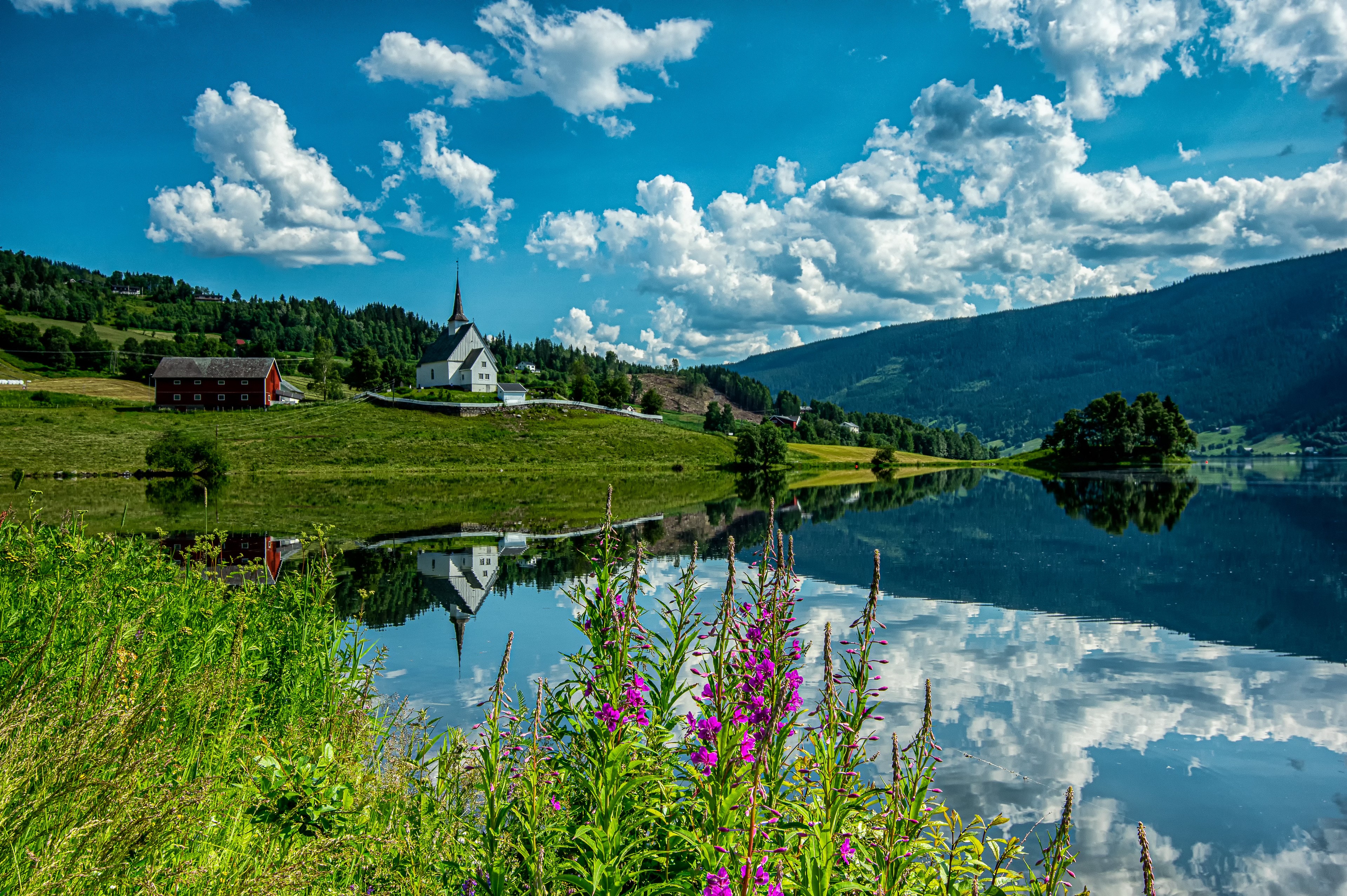 4K Ulnes Norway Church Reflection HD Wallpaper