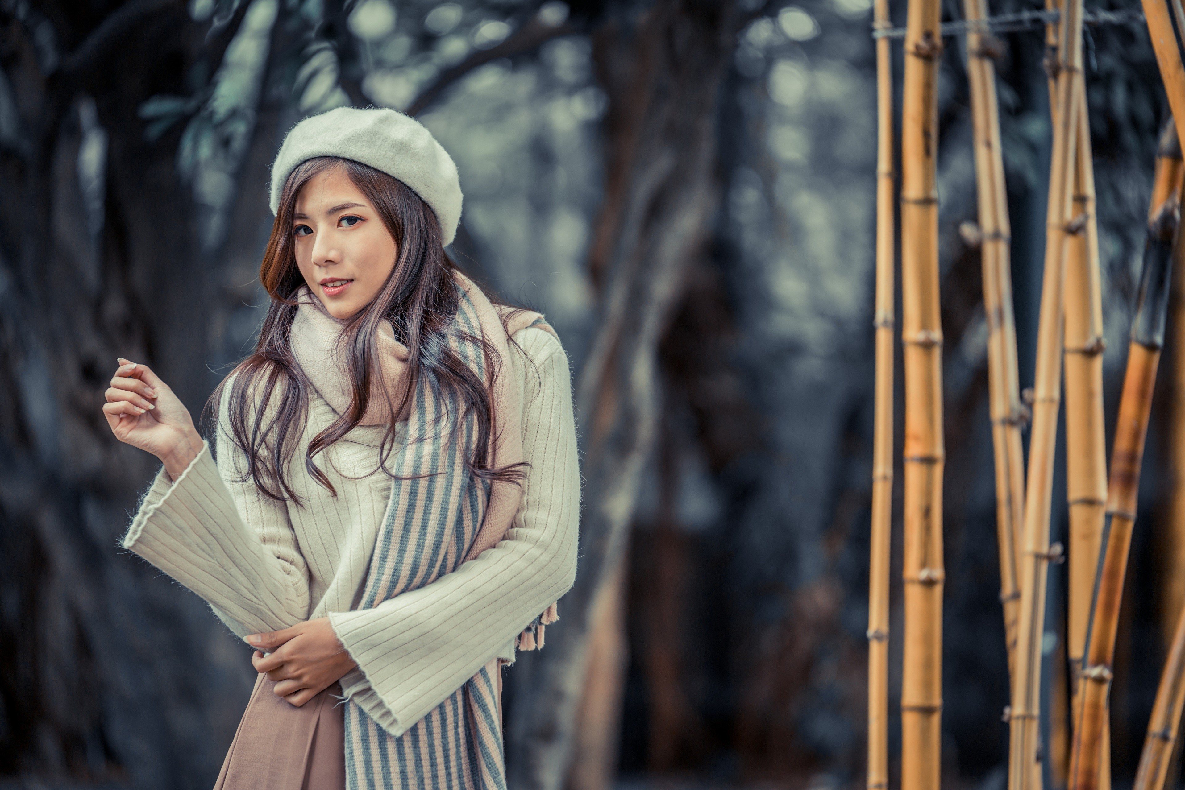 Asian woman in beret and scarf with bamboo HD Wallpaper
