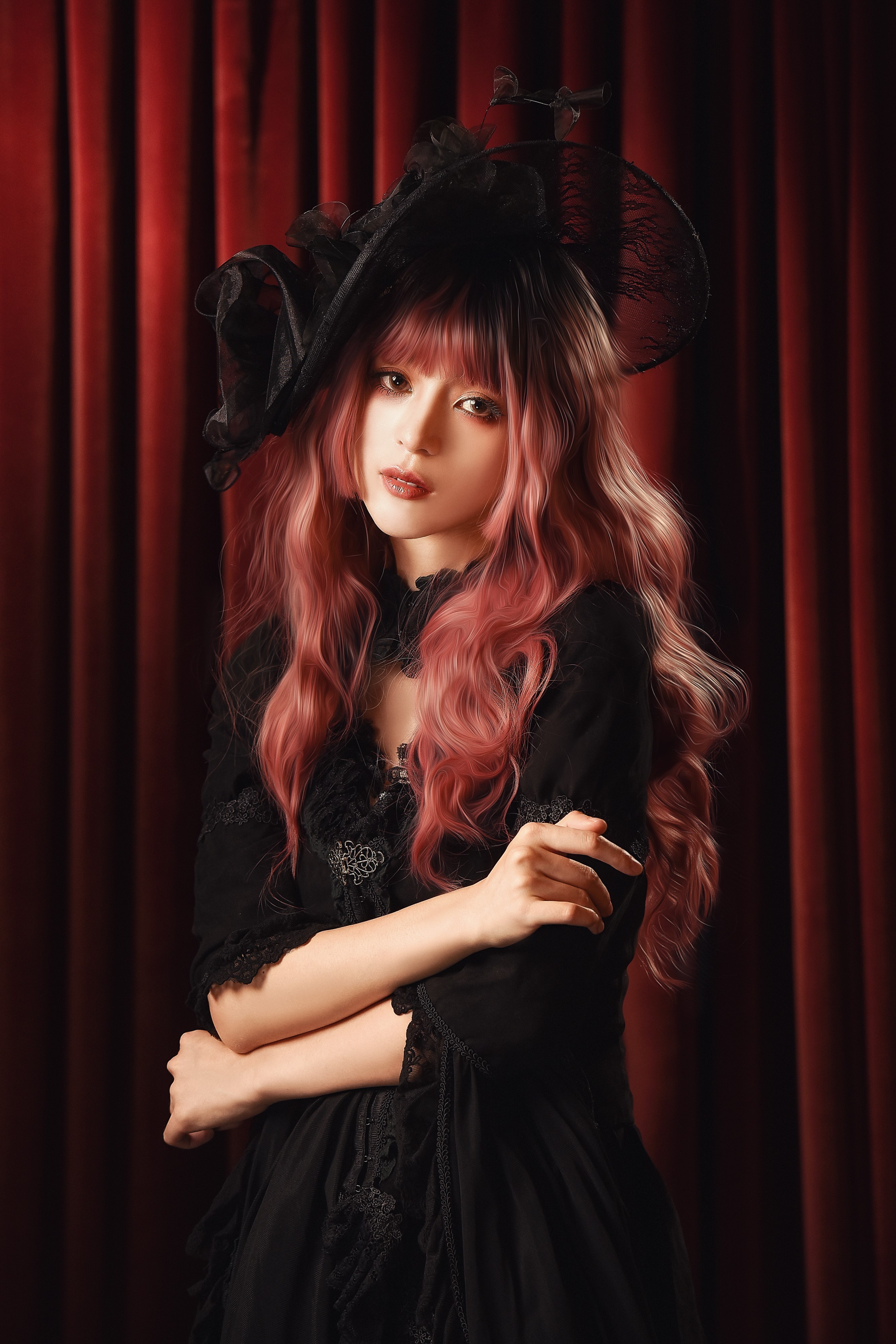 Woman in black dress and hat with pink hair HD Phone Wallpaper