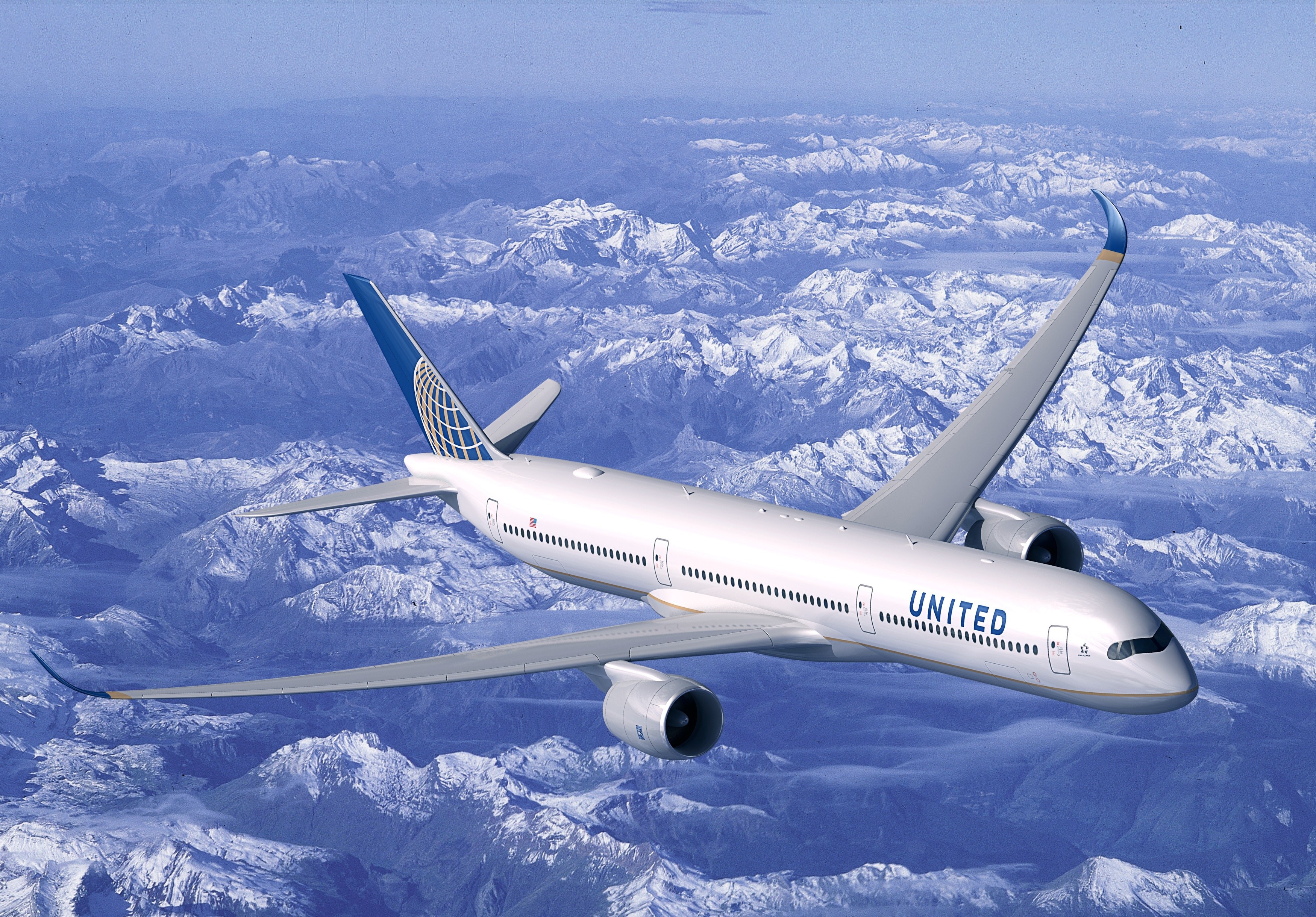 United Airlines Boeing 787 flying over mountains HD Wallpaper