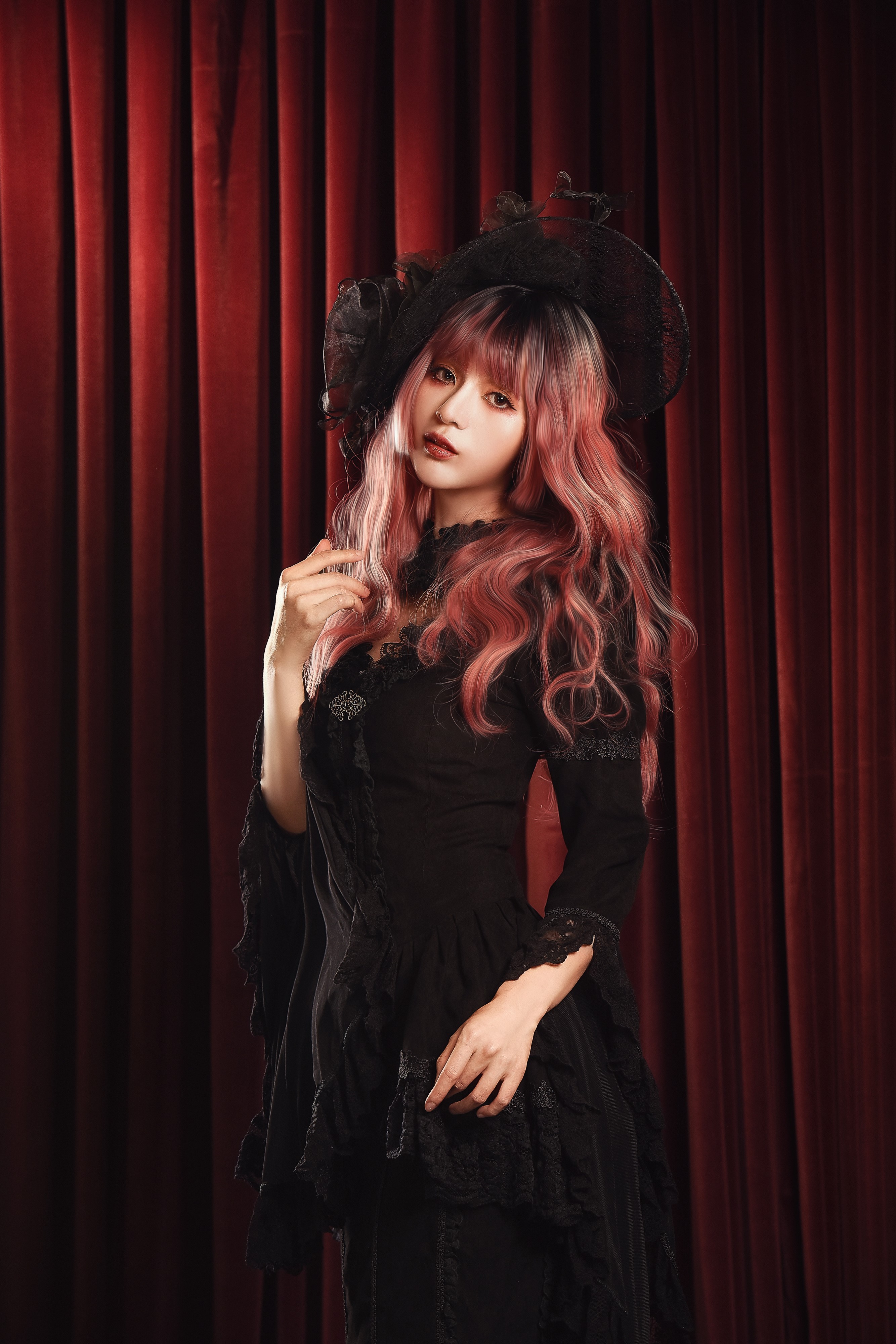 Asian woman with pink hair wearing a black dress and hat HD Phone Wallpaper