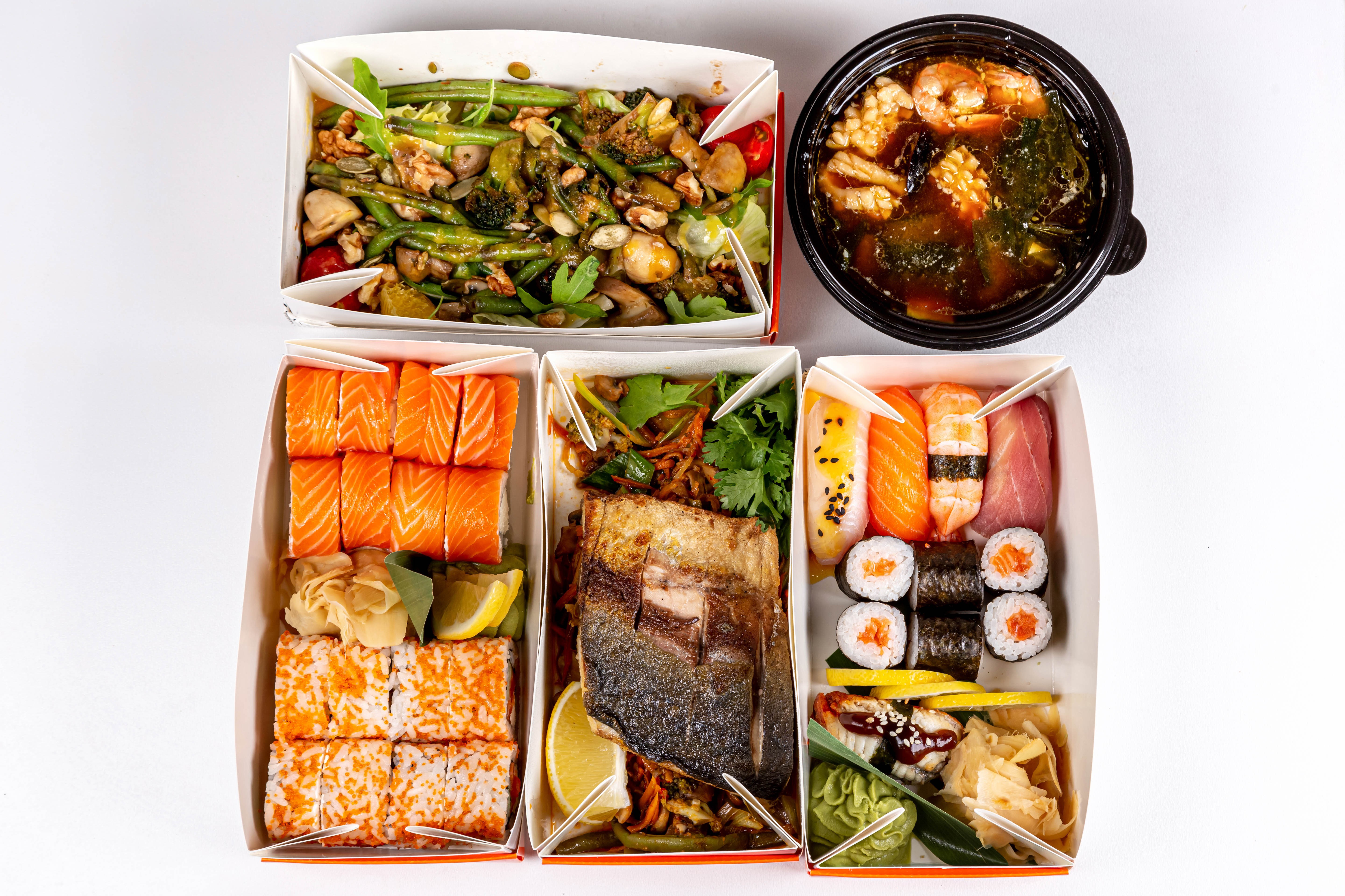 Sushi, Soup, and Stir-fry Meal Boxes HD Wallpaper