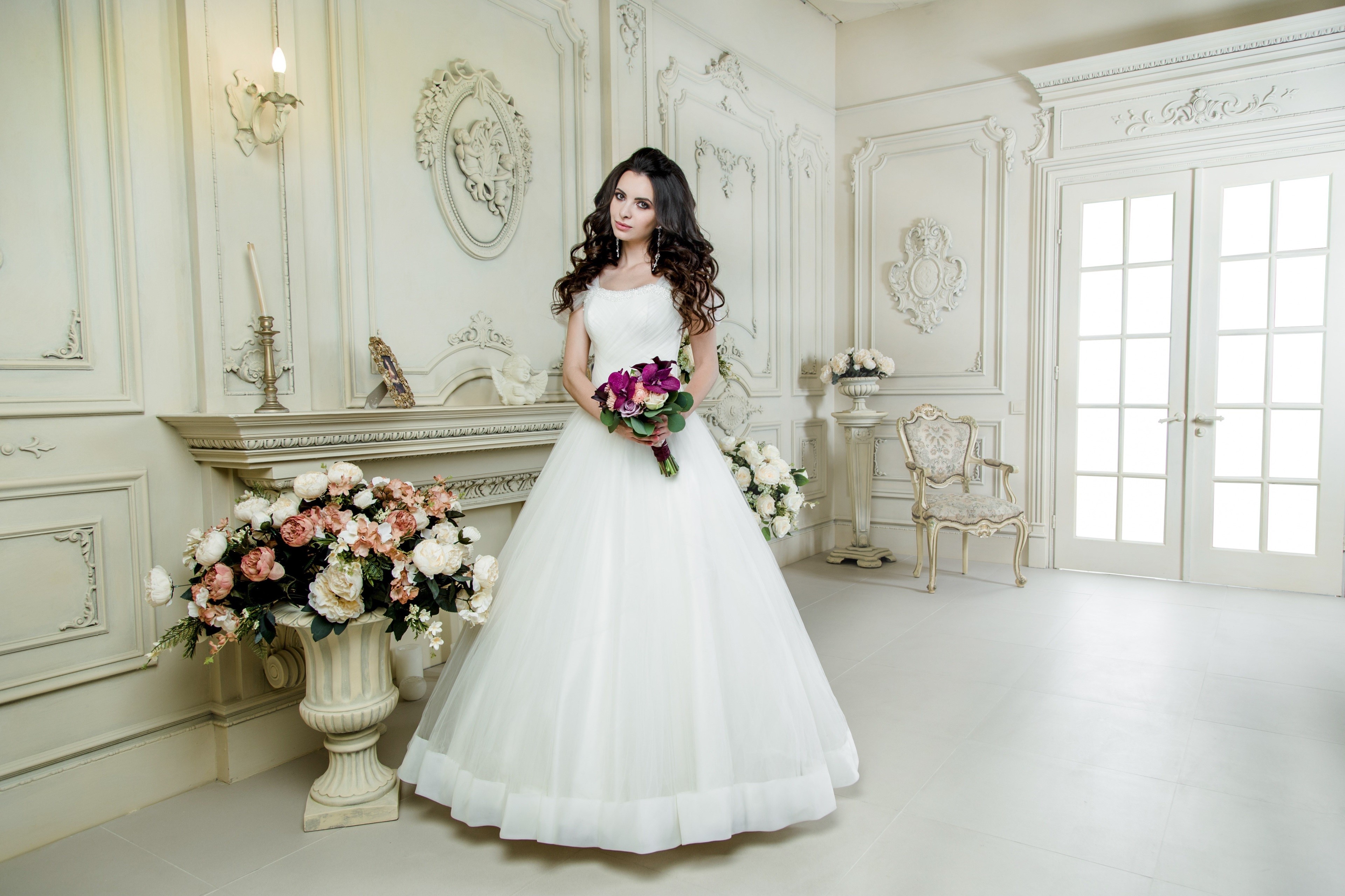 Bride in White Dress Holding Bouquet HD Wallpaper