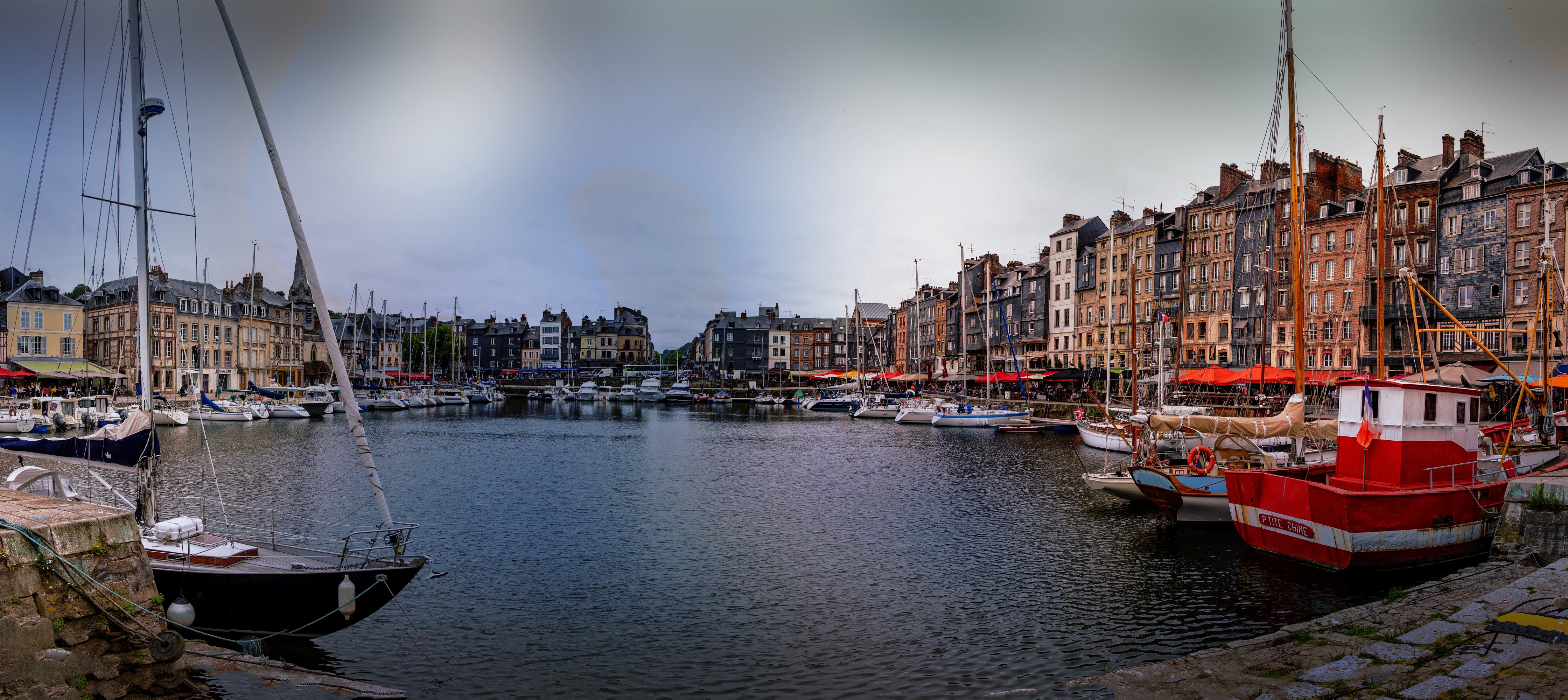 Honfleur Marina with colorful houses and boats, France HD Wallpaper
