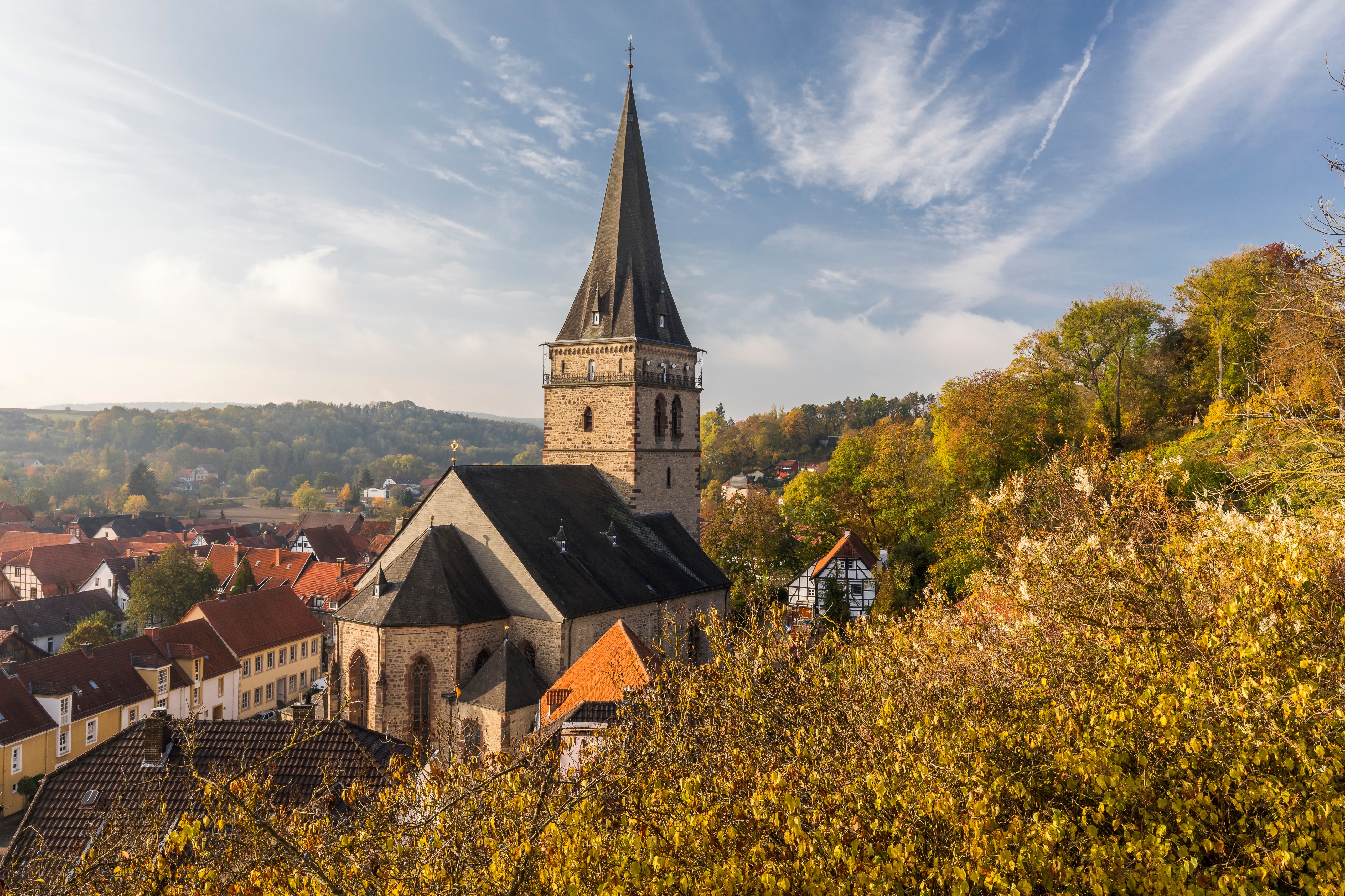 Autumn in Warburg, Germany with Church Tower HD Wallpaper
