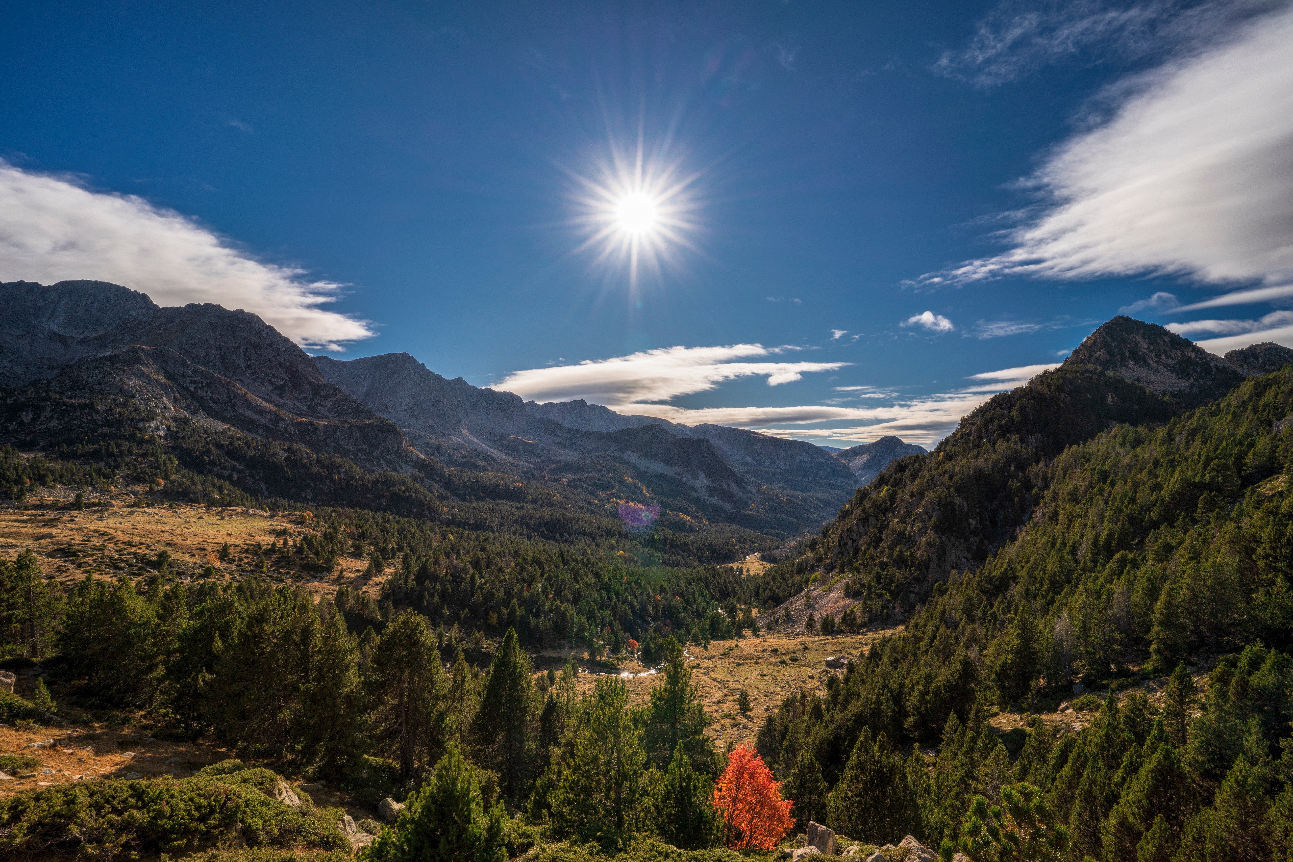 Pyrenees Mountains Valley Scenery with Sun and Sky HD Wallpaper