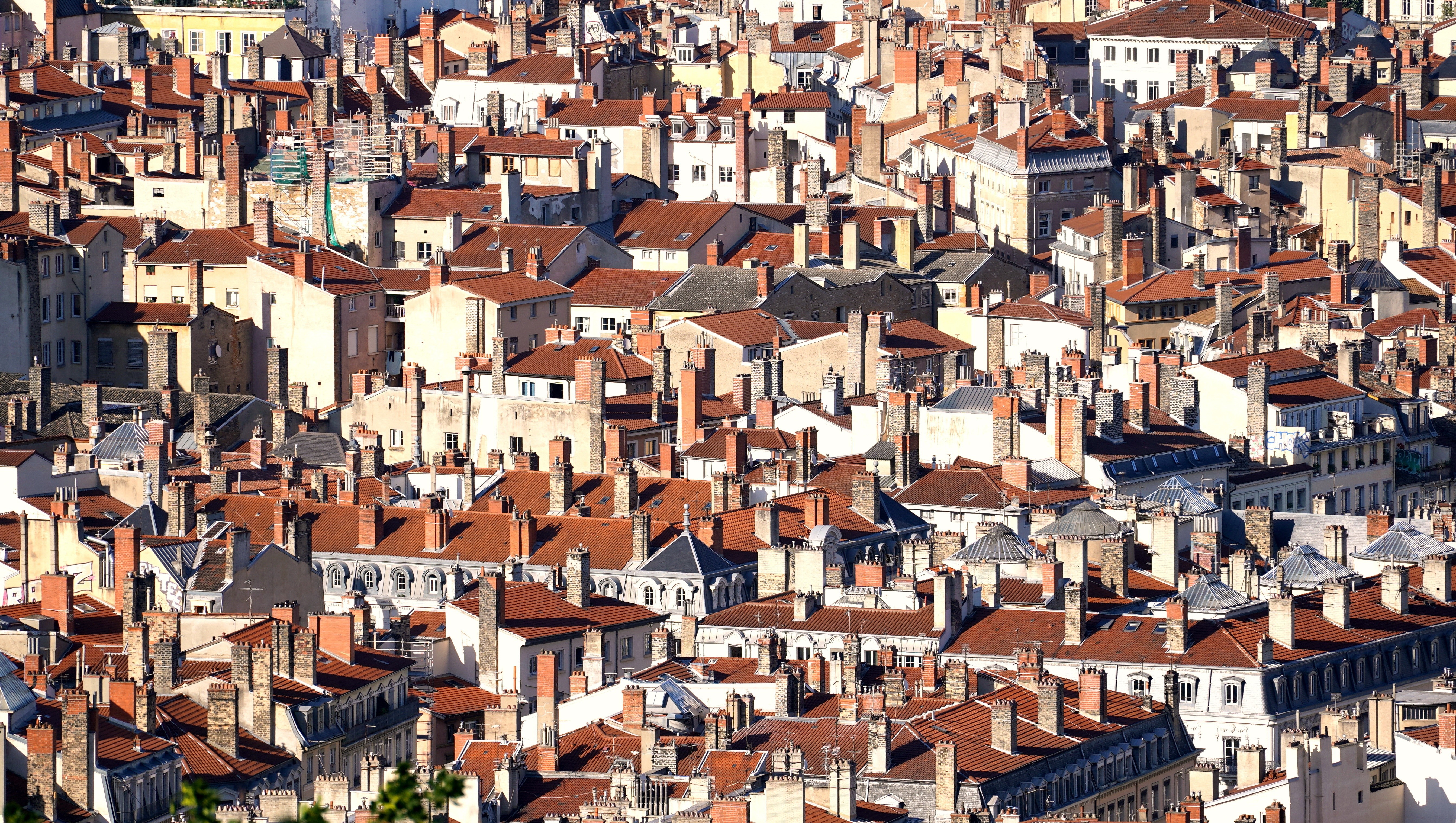 Many houses with red roofs in Lyon, France HD Wallpaper