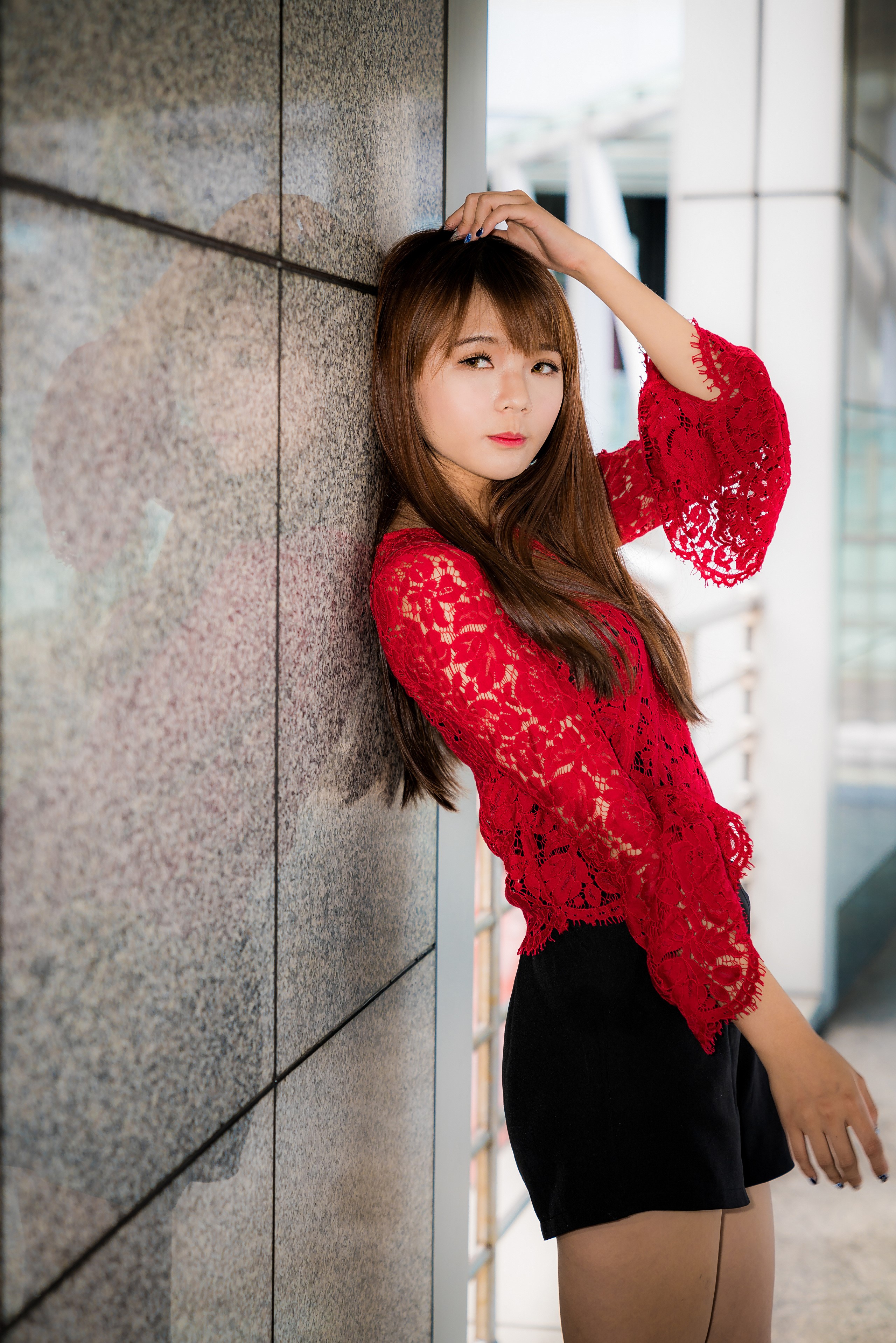Asian woman in red blouse and black shorts HD Phone Wallpaper