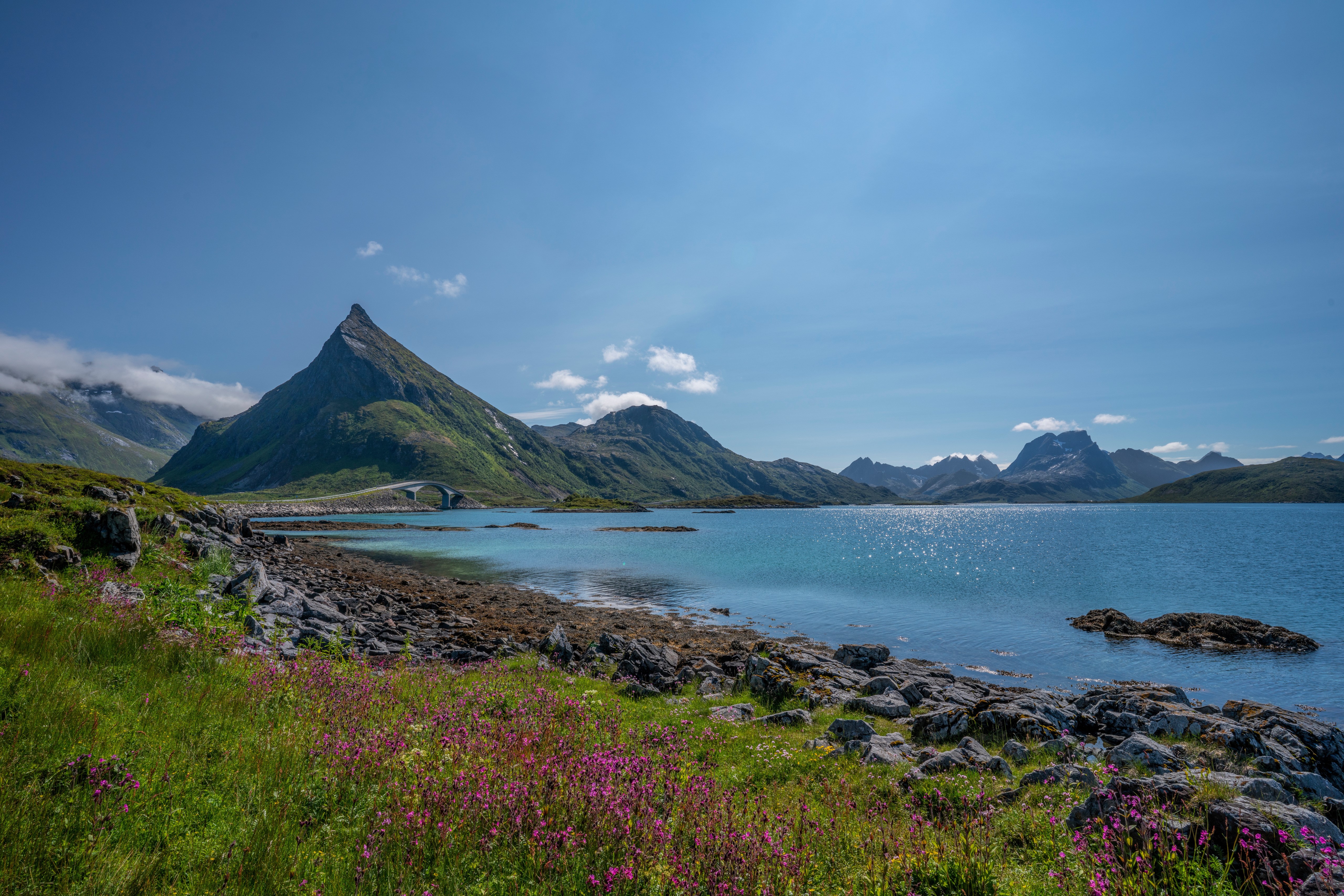 Norway Lofoten Mountains and Fjord with Bridge HD Wallpaper