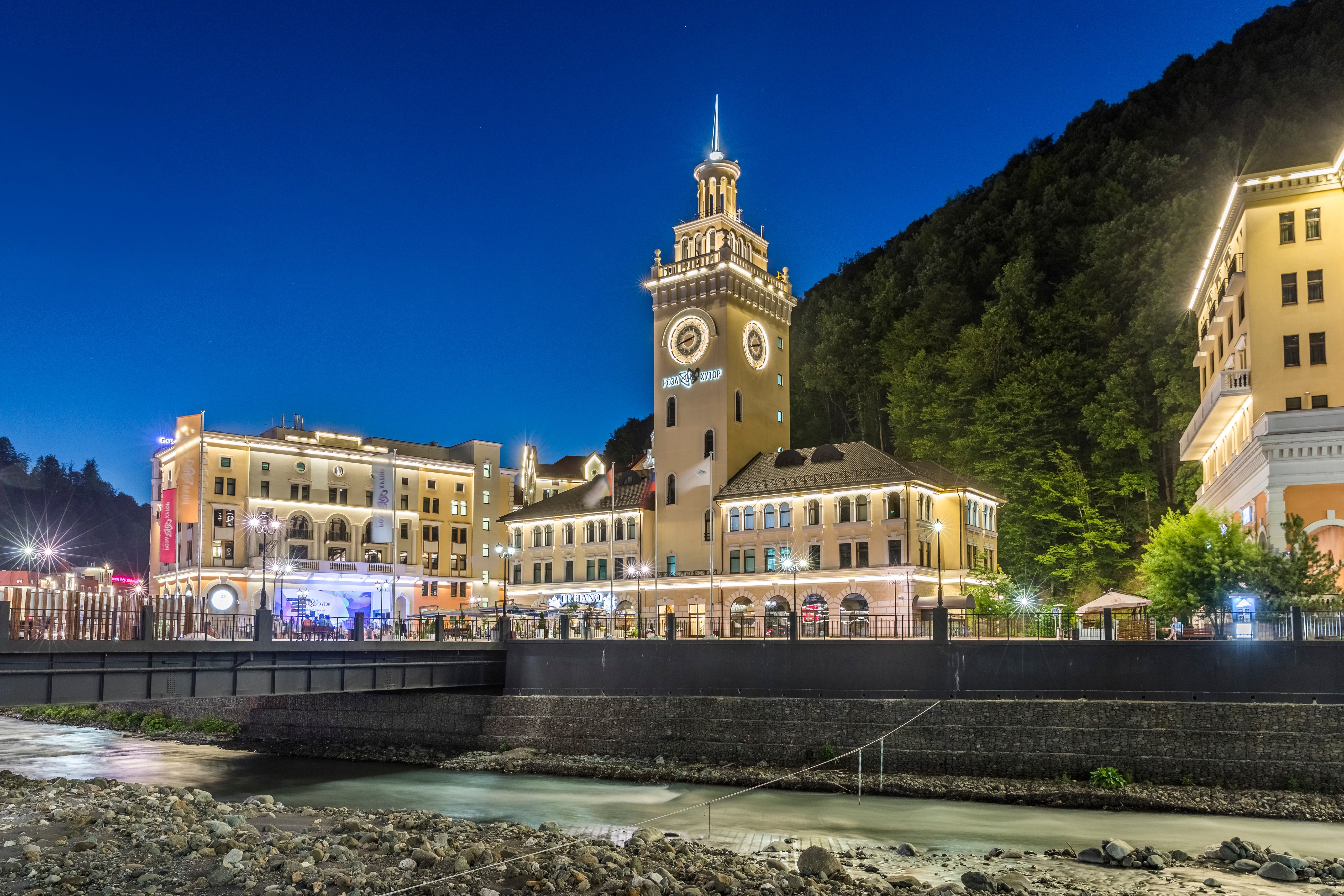 Rosa Khutor Clock Tower at Dusk, Russia HD Wallpaper