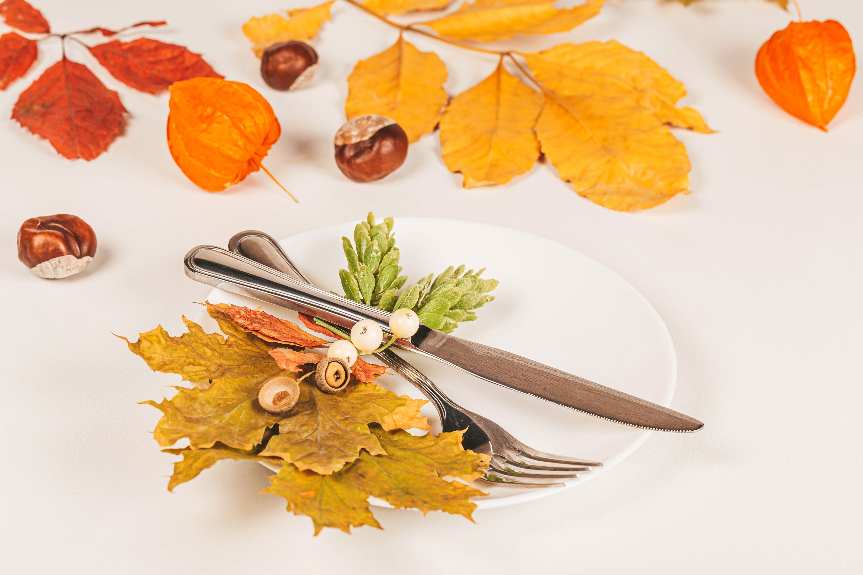 Autumn table setting with plate, cutlery, and leaves HD Wallpaper