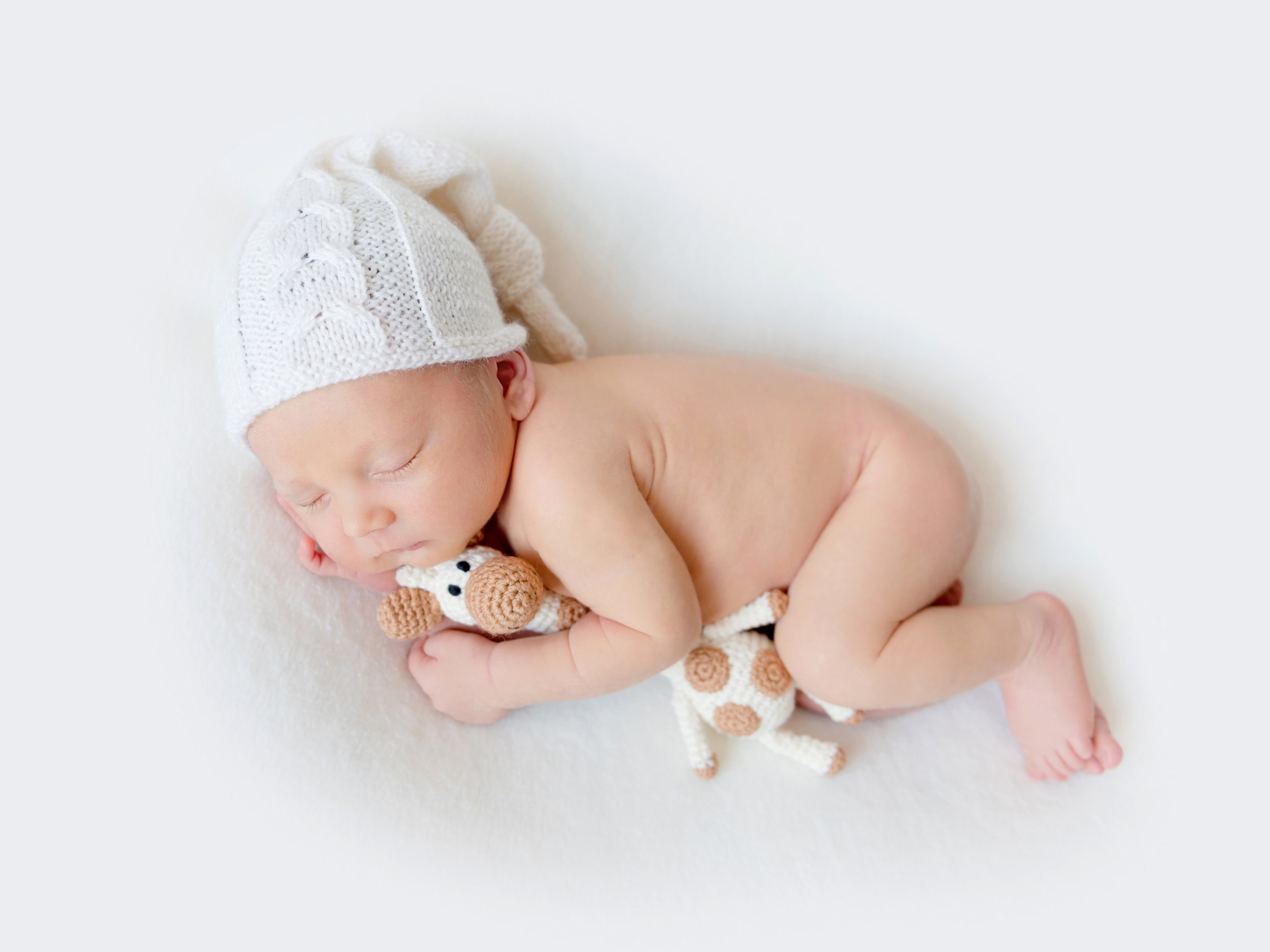 Newborn baby sleeping with a stuffed giraffe HD Wallpaper