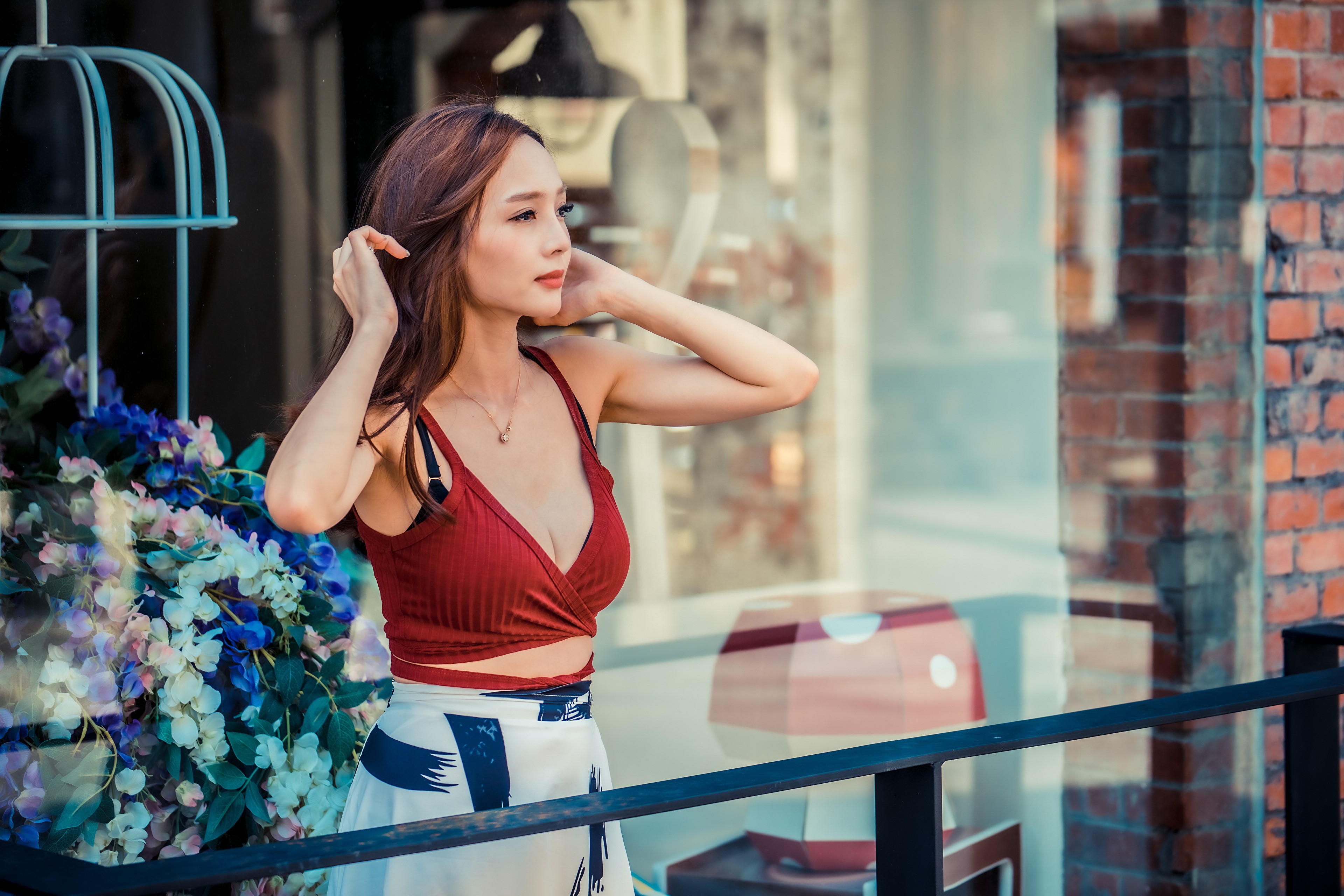 Asian woman in singlet and skirt HD Wallpaper