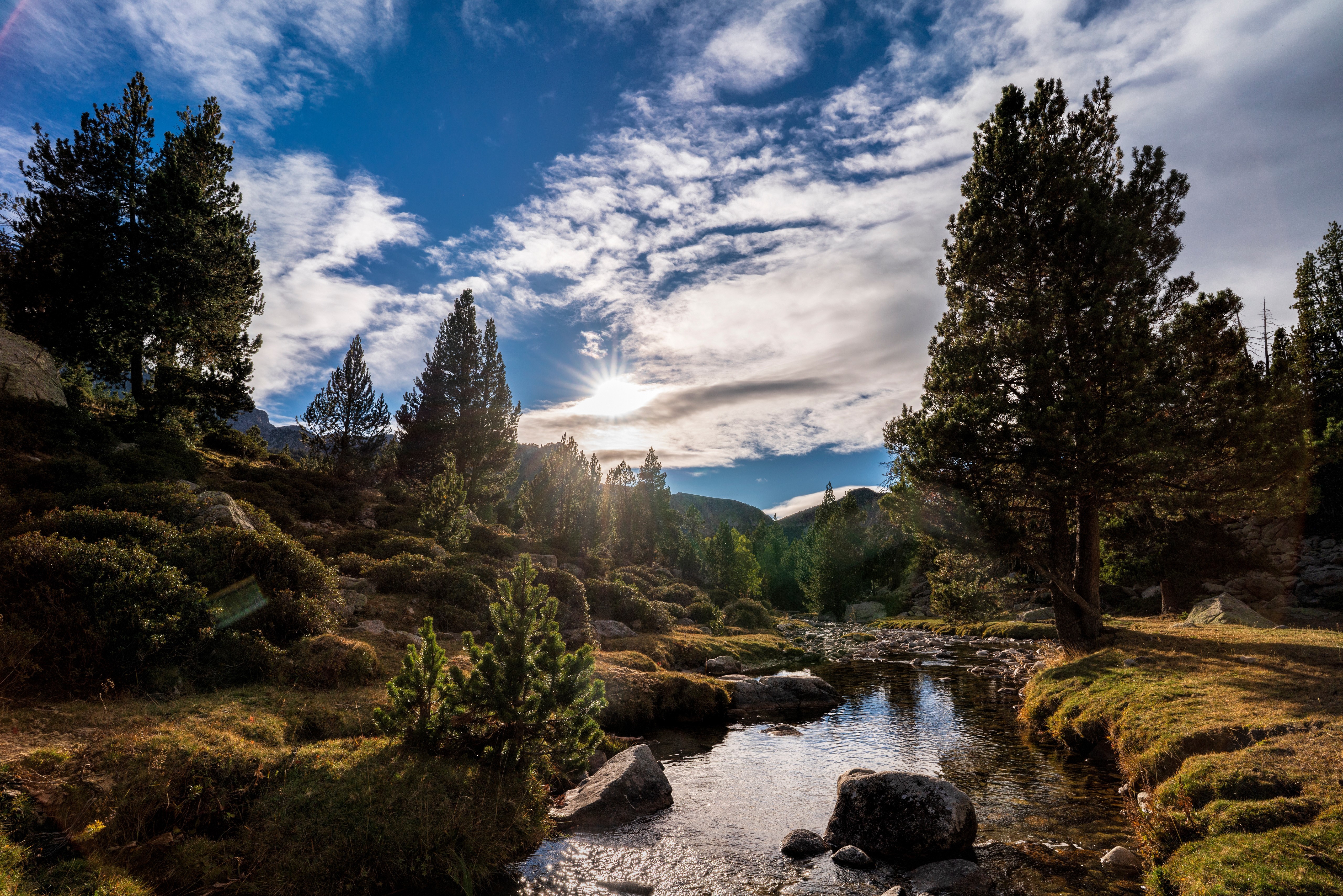 Pyrenees Mountains, Andorra, Autumn River and Trees HD Wallpaper