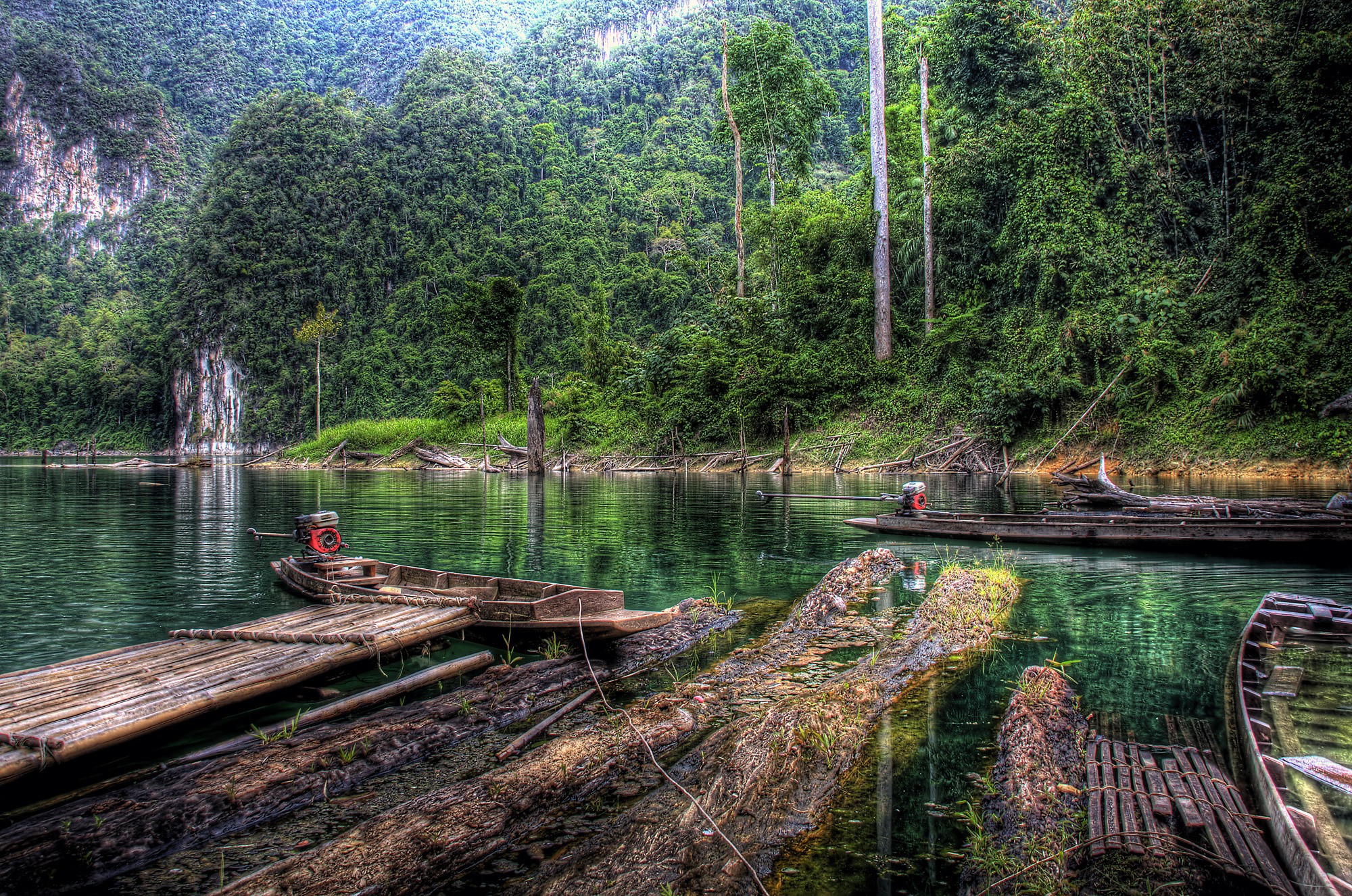 Boats on a river in Khao Sok National Park, Thailand HD Wallpaper