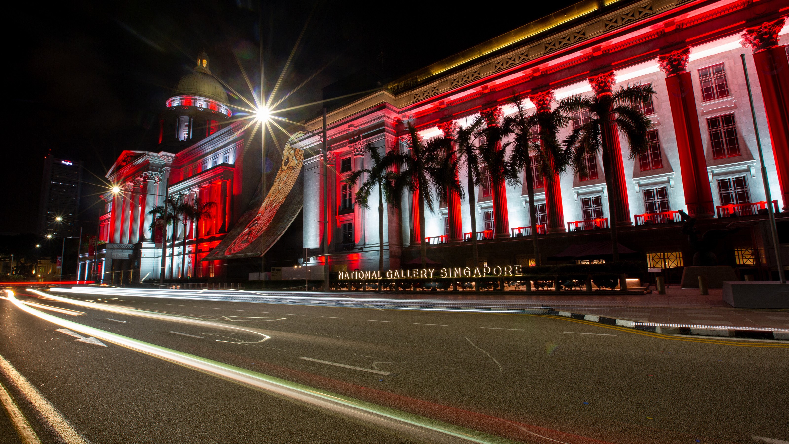National Gallery Singapore at Night with Light Trails HD Wallpaper