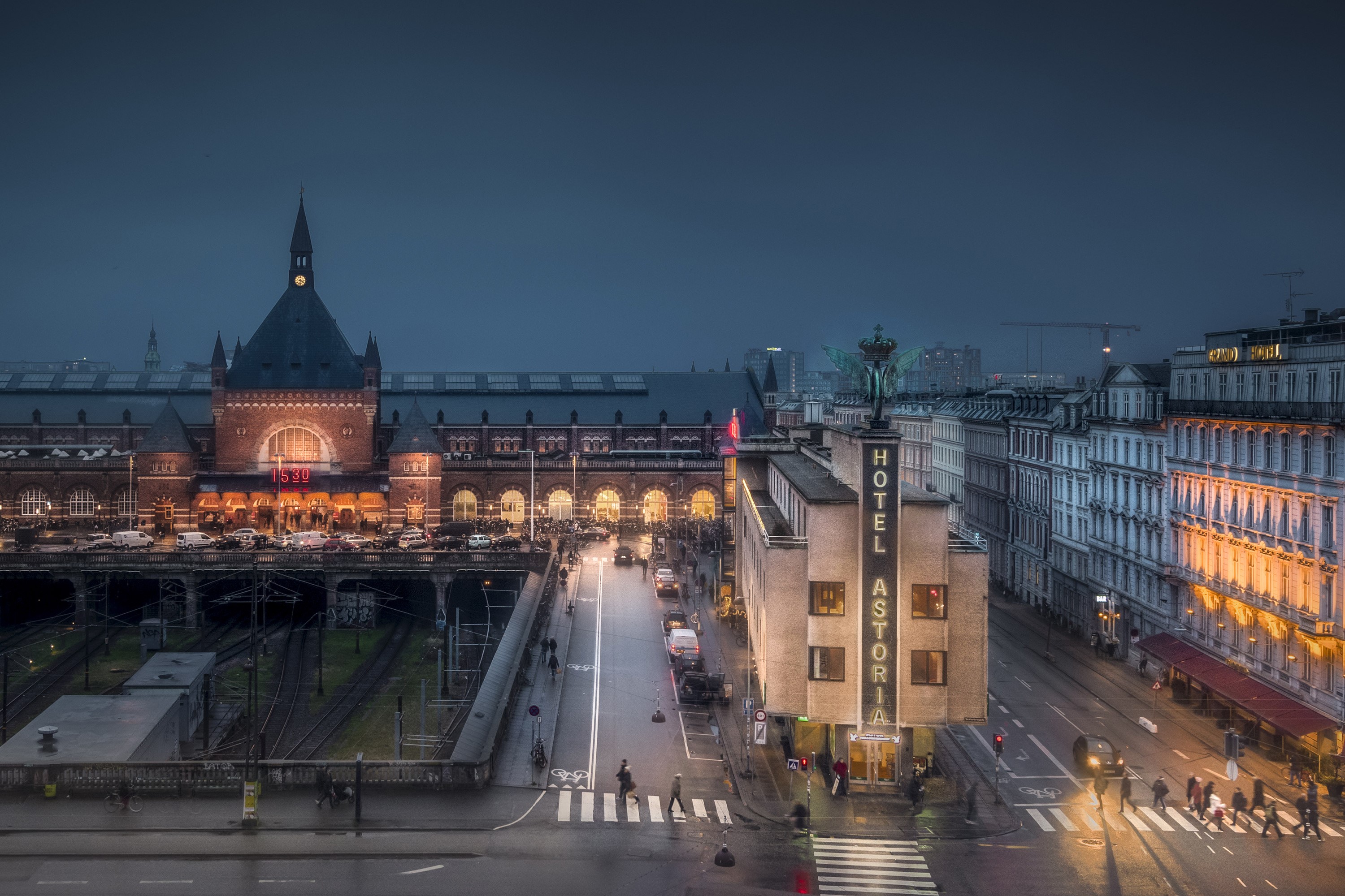 Copenhagen Central Station and Hotel Astoria at Dusk HD Wallpaper