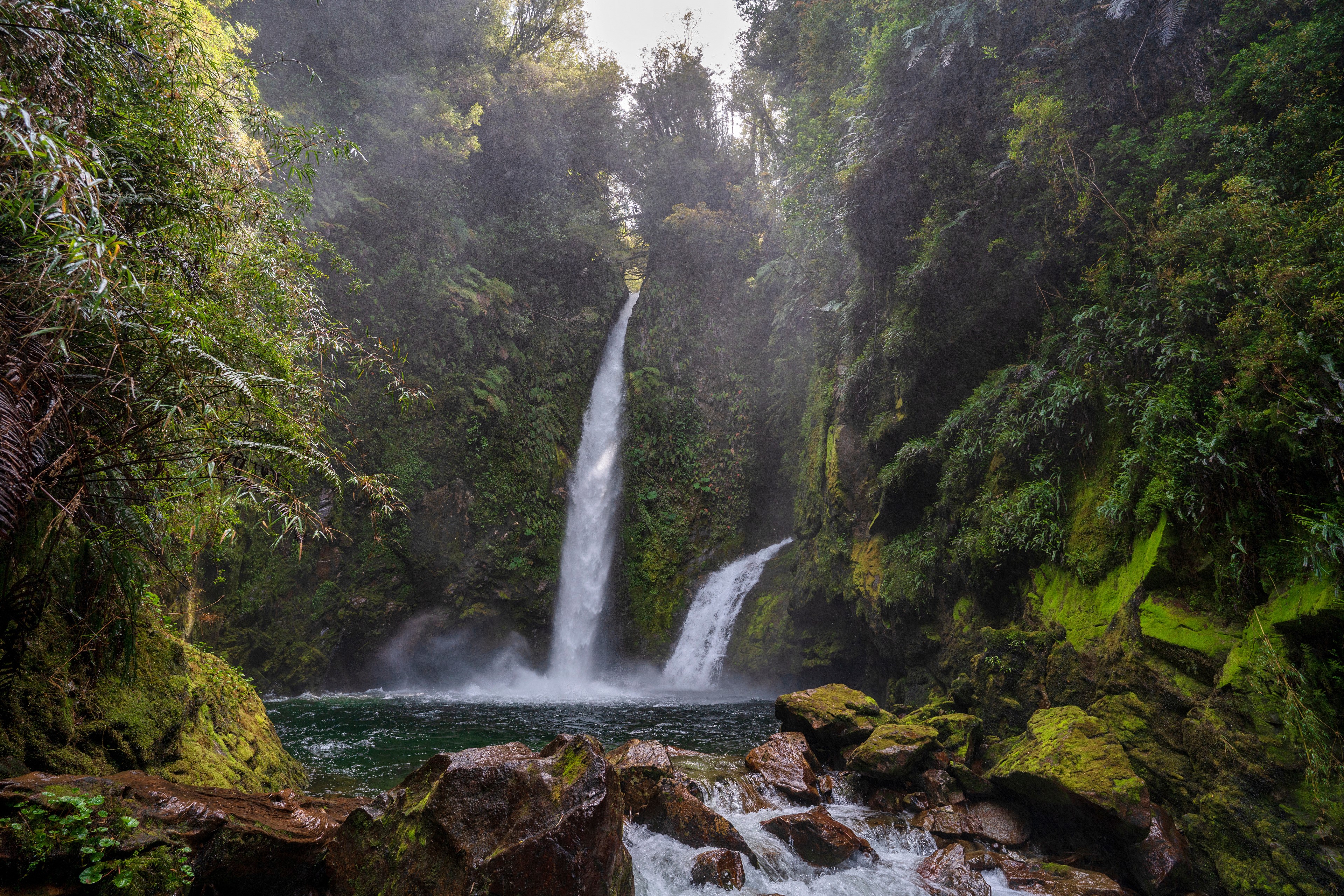Waterfalls in Chaiten, Chile with Stones and Moss HD Wallpaper
