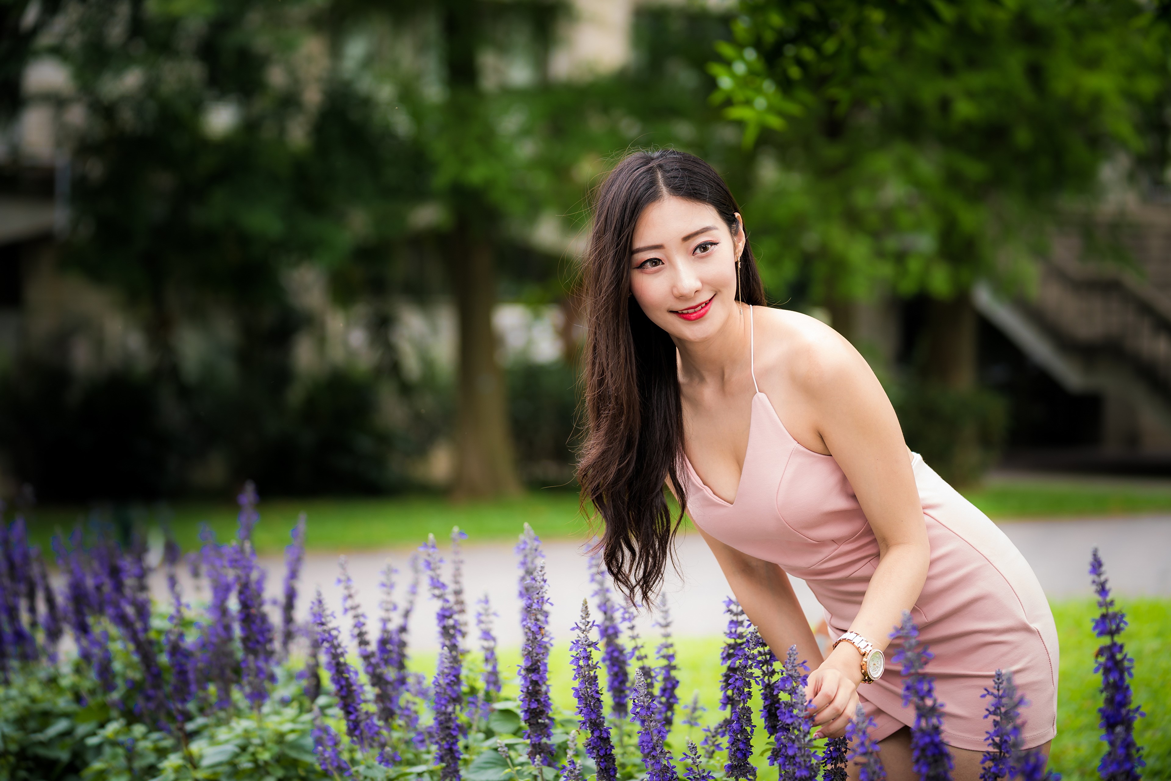 Asian woman in pink dress near purple flowers HD Wallpaper