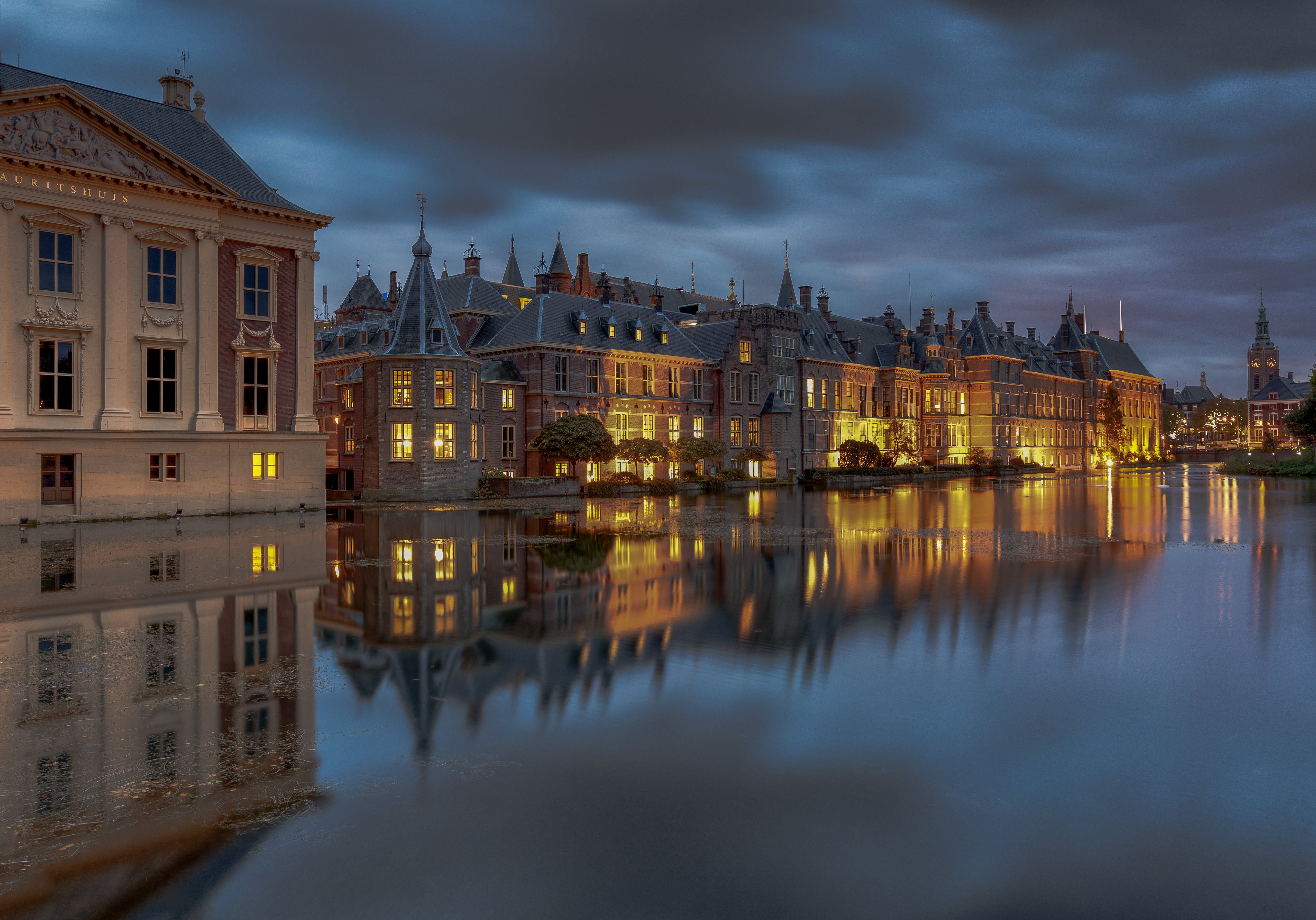The Hague Hofvijver Pond at Dusk, Netherlands HD Wallpaper