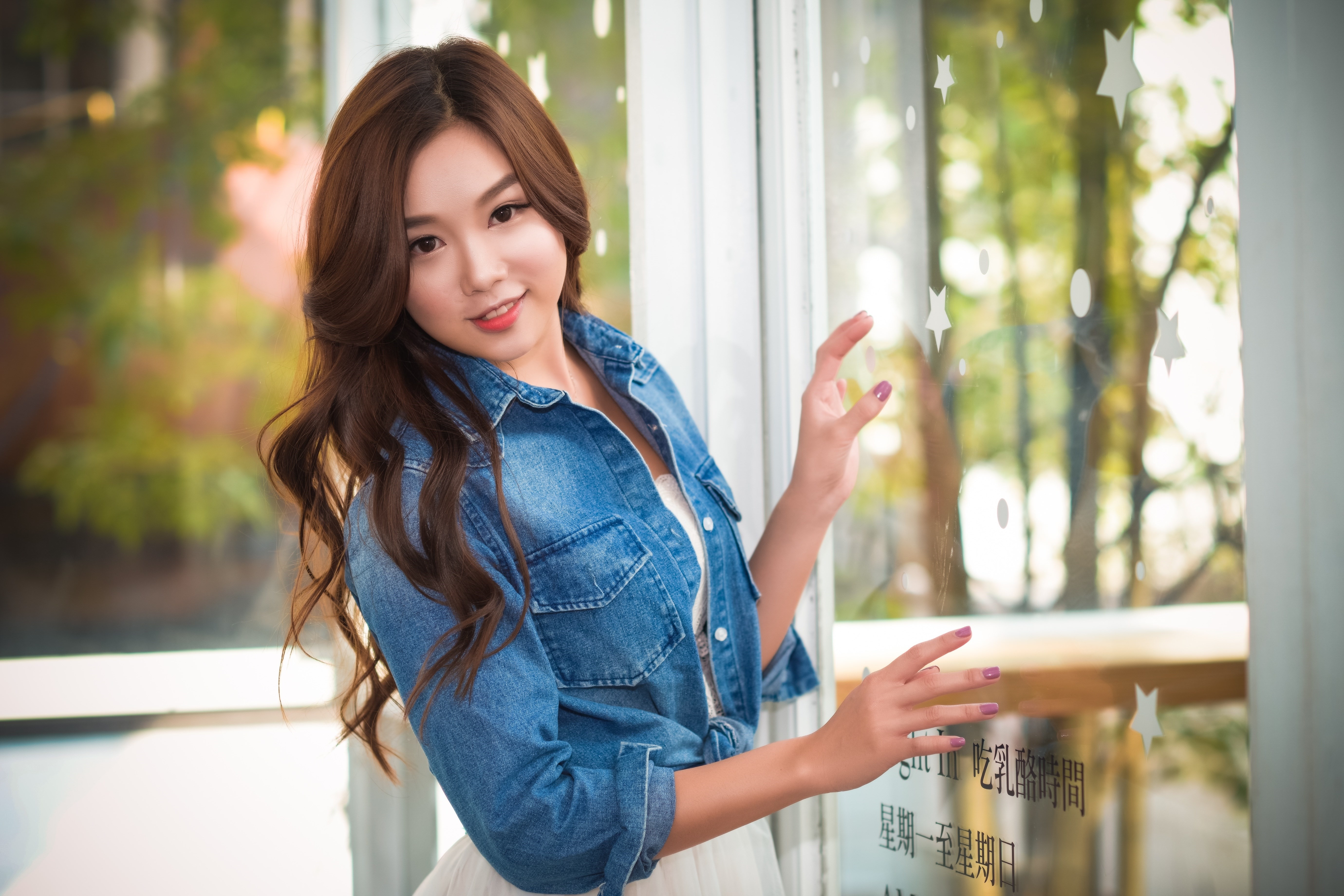 4K Portrait of Asian Woman with Denim Jacket HD Wallpaper