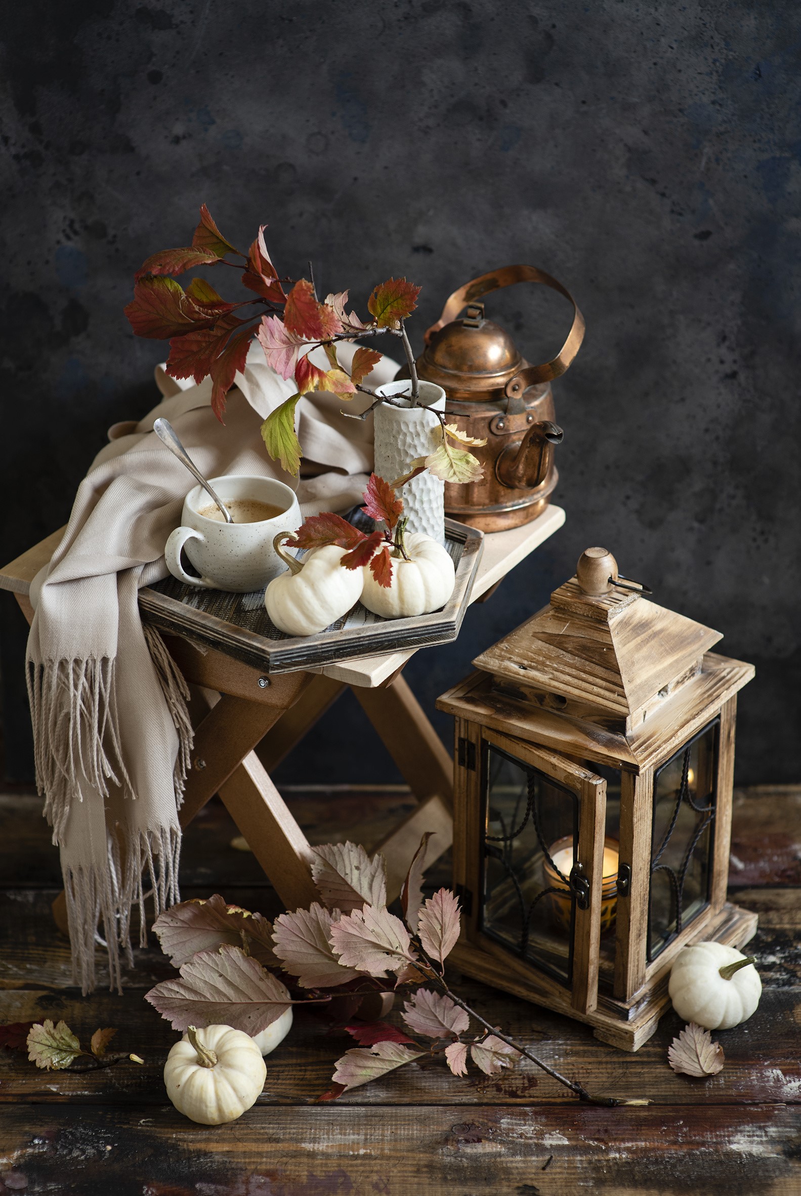 Autumn still life with pumpkins, kettle, and coffee HD Phone Wallpaper