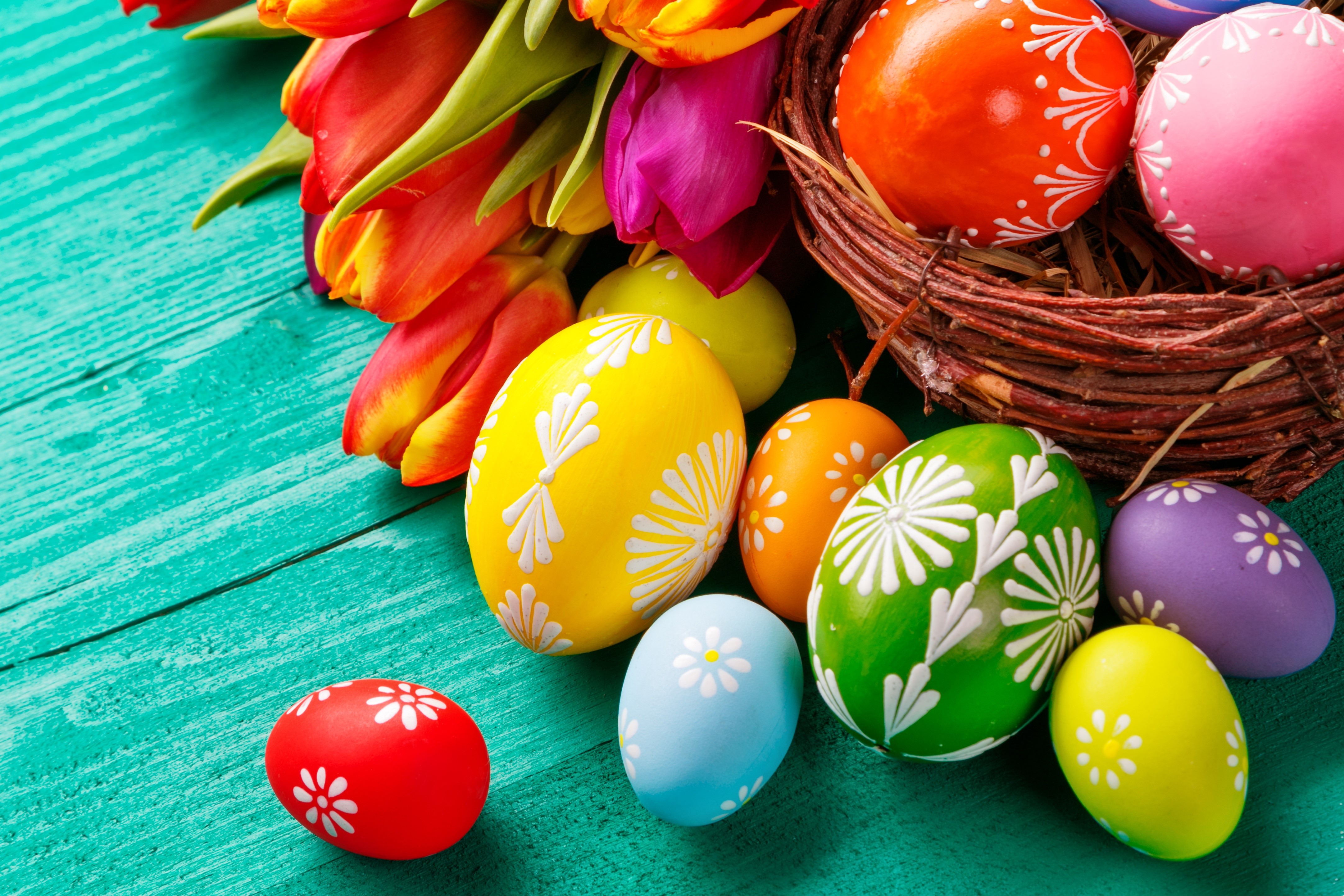 4K Multicolor Easter Eggs and Tulips HD Wallpaper