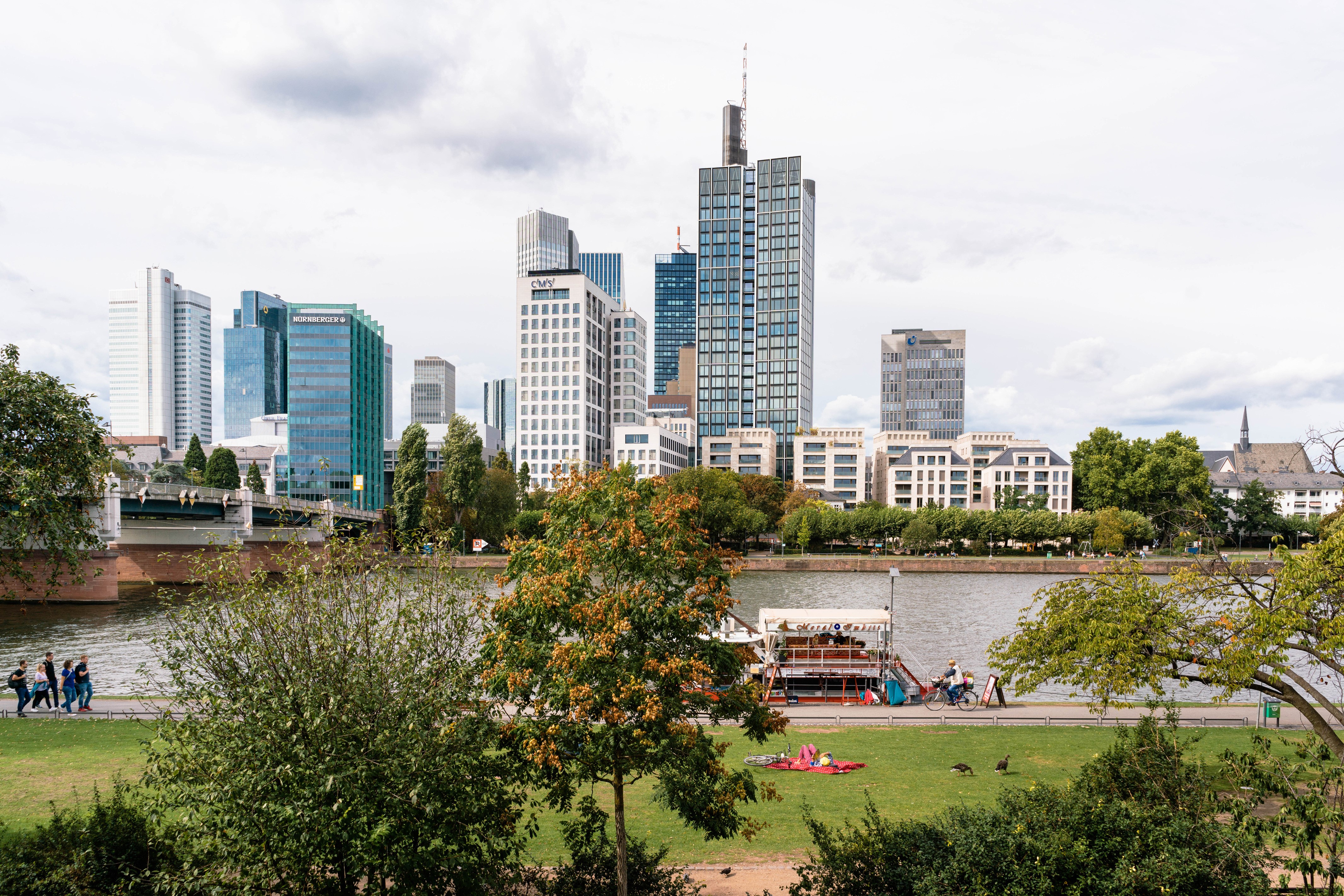 Frankfurt skyline with river and park HD Wallpaper