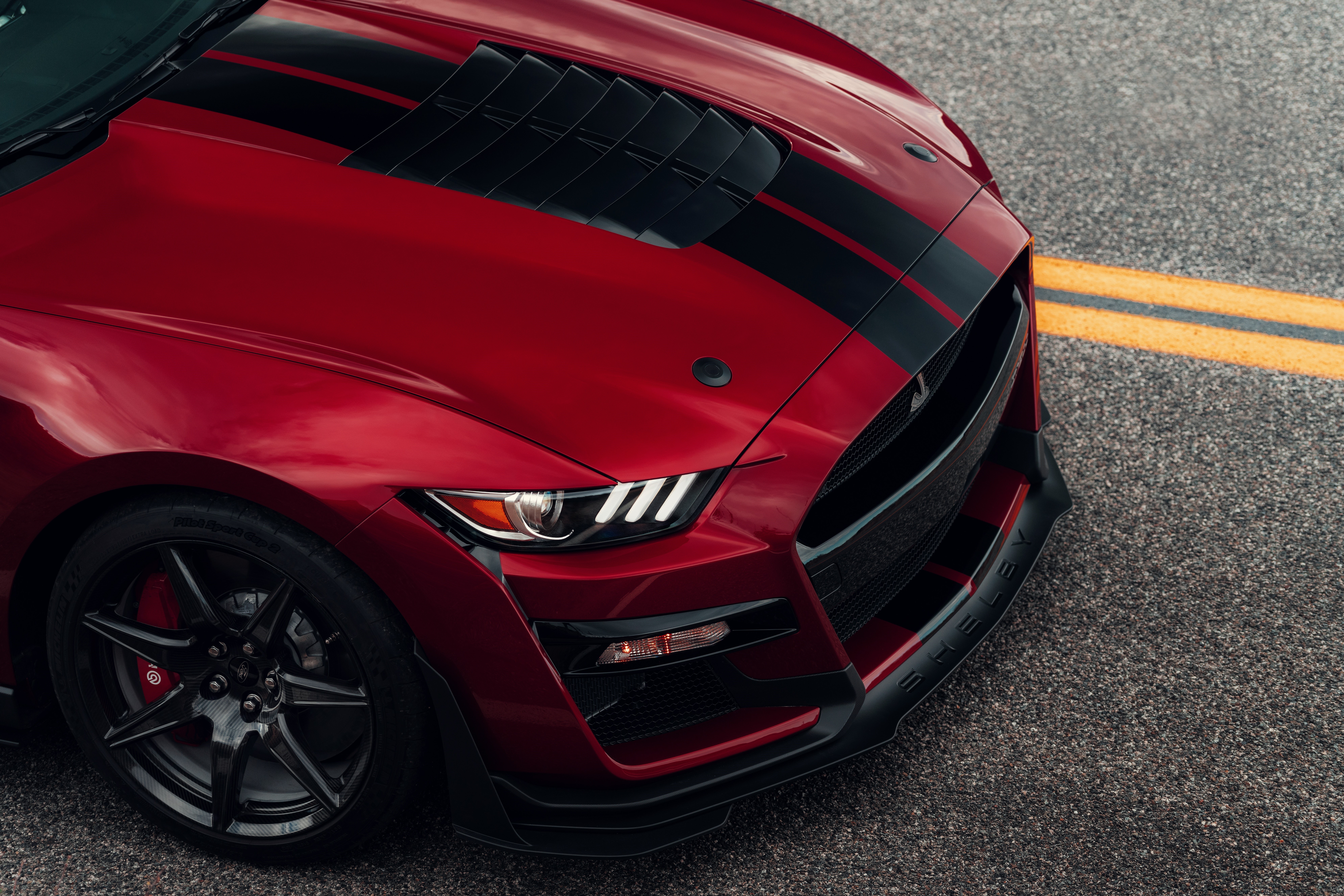 Red Ford Mustang Shelby GT500 2019 with Black Stripes HD Wallpaper